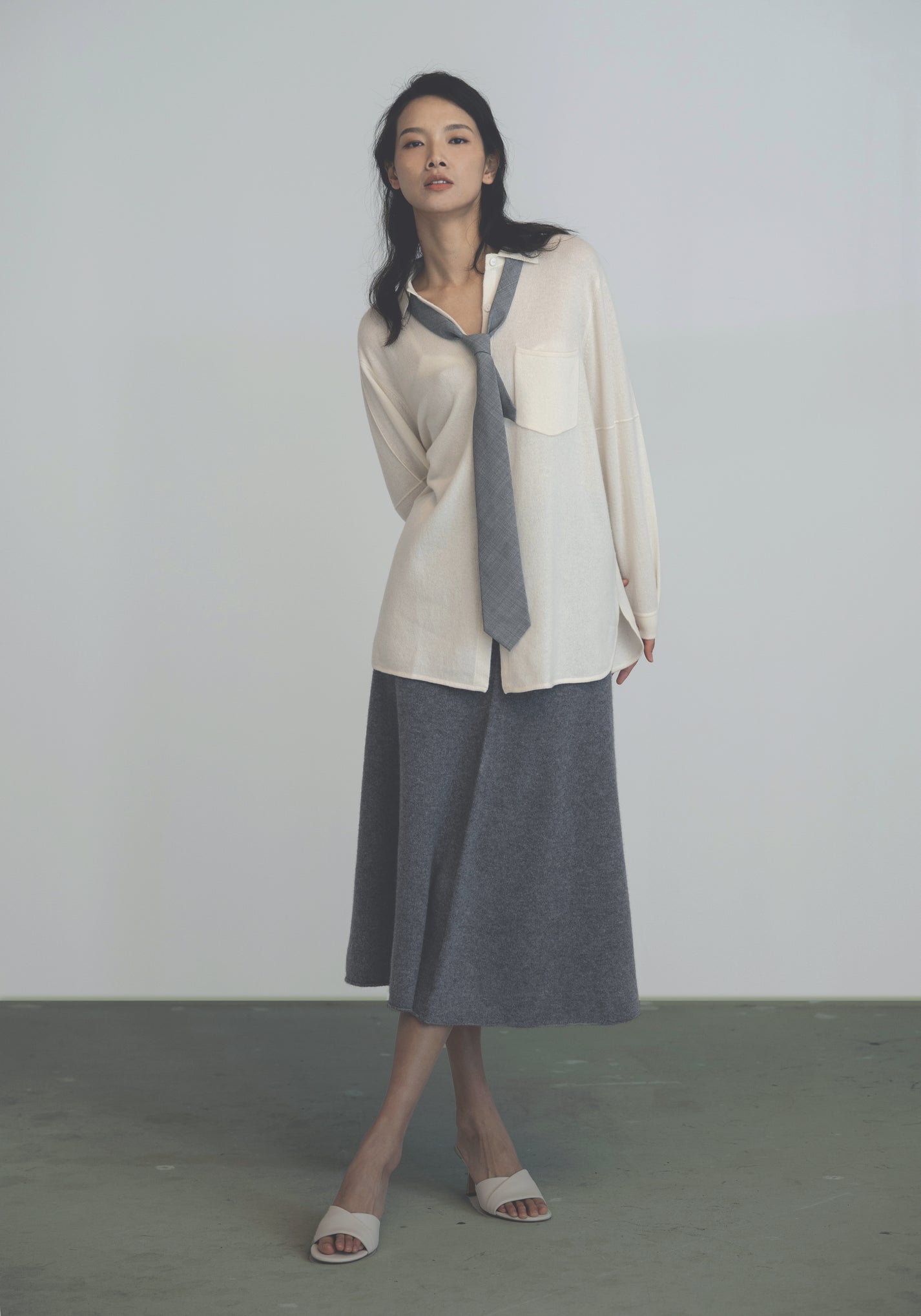 Front view of women’s lightweight cashmere shirt with chest pocket