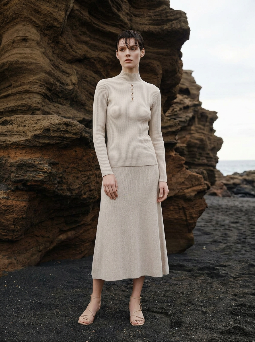 Women’s fine rib cashmere mock neck top with slim body-contouring fit