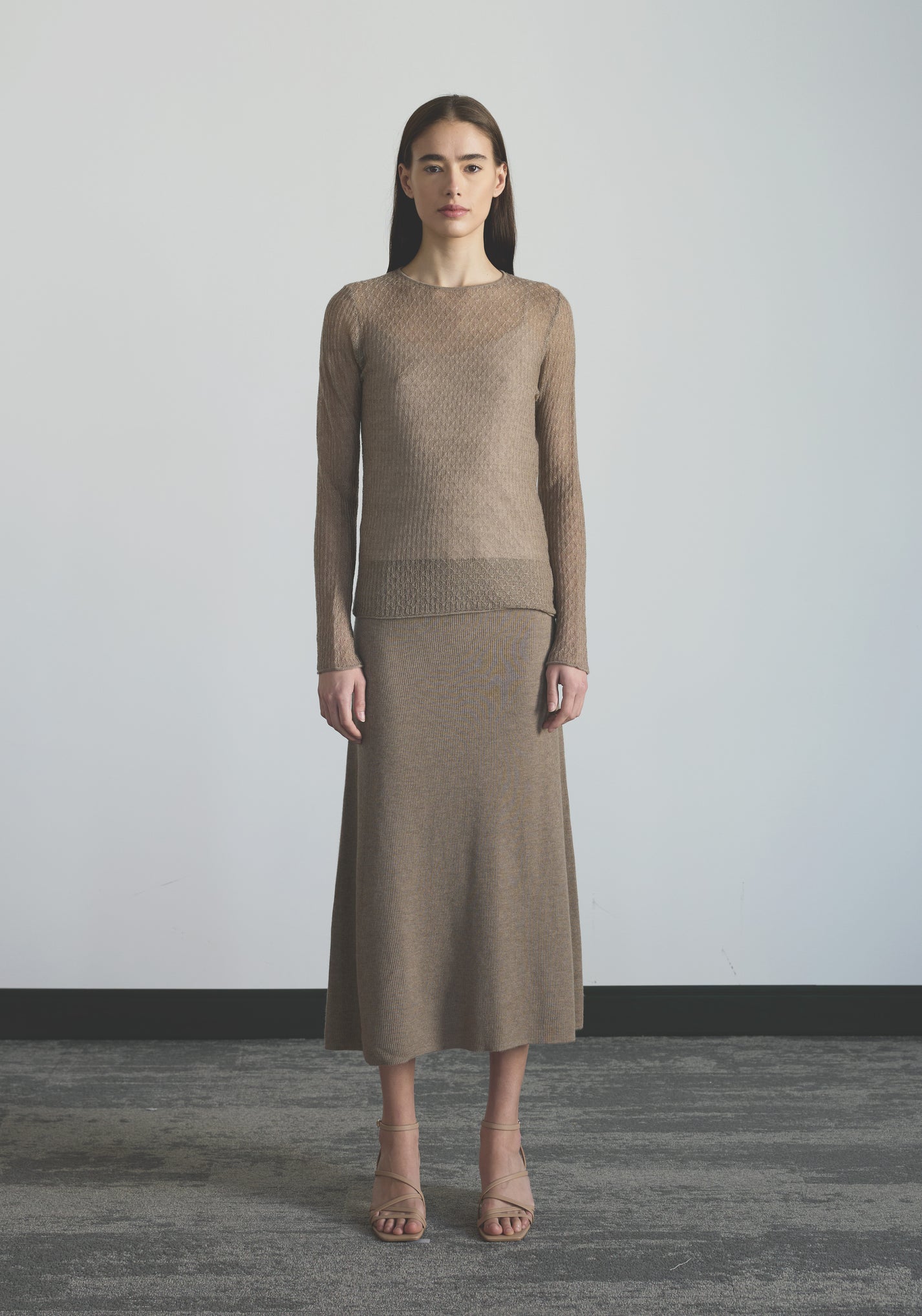 Women’s sheer cashmere layer top with slim elongated fit and open-knit texture