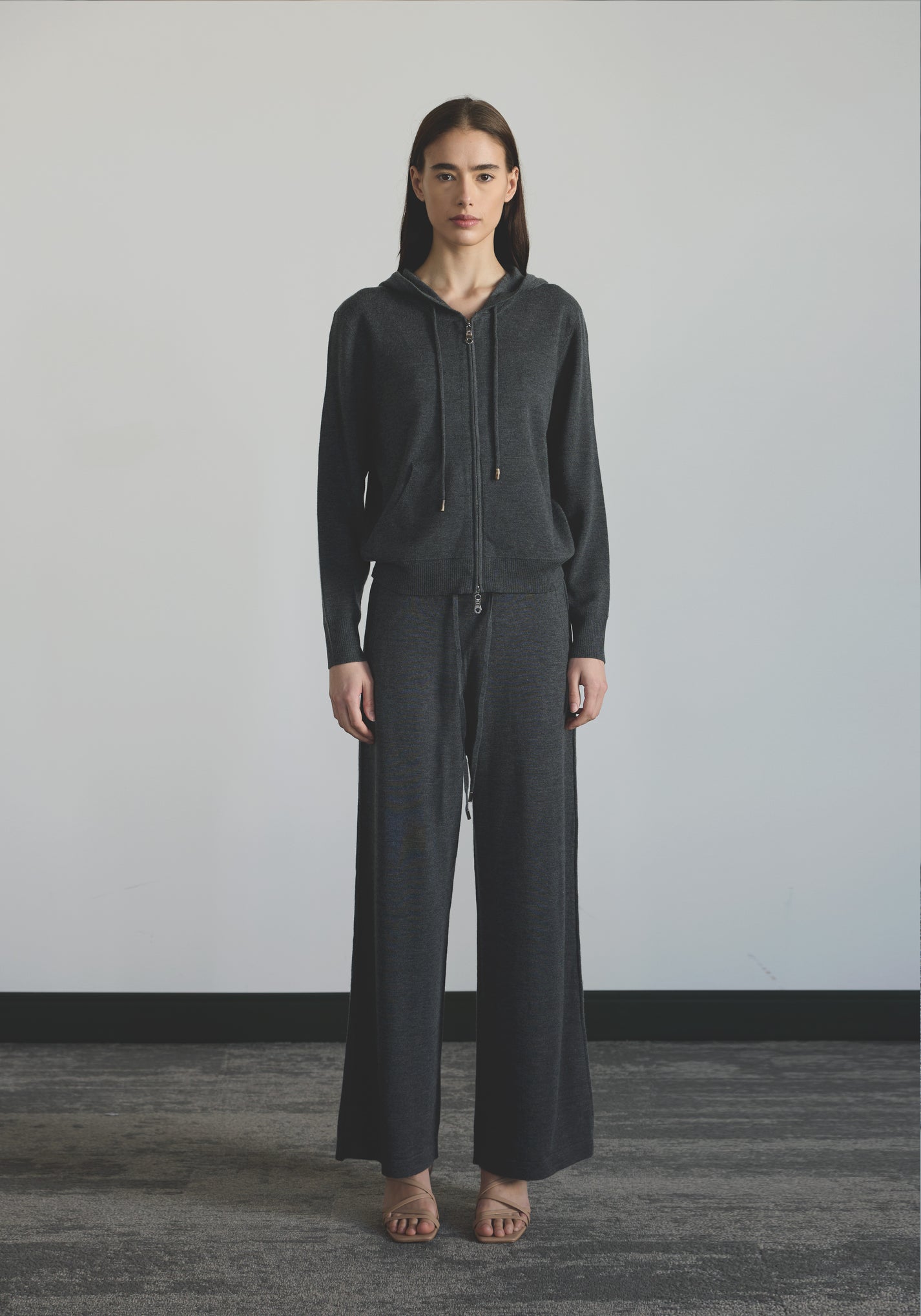 Women’s ultra fine cashmere lounge zip hoodie with double-ended zip, minimal hood, and relaxed fit