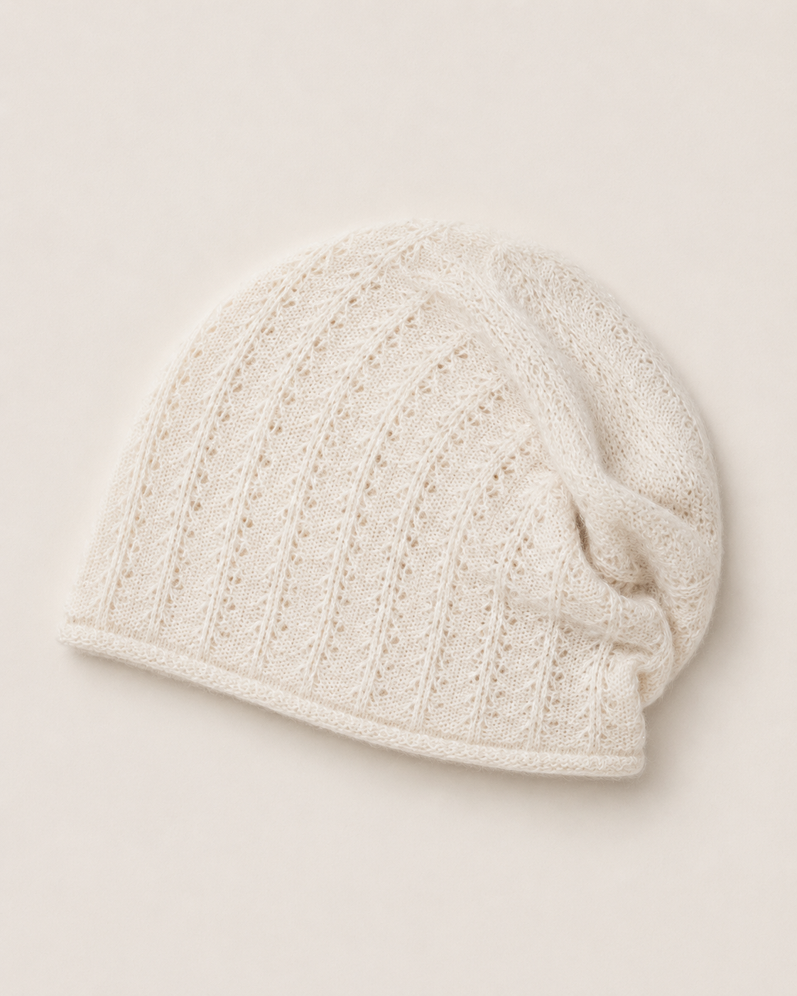 Cashmere Lace Knit Beanie in Cream, Mysto Cashmere