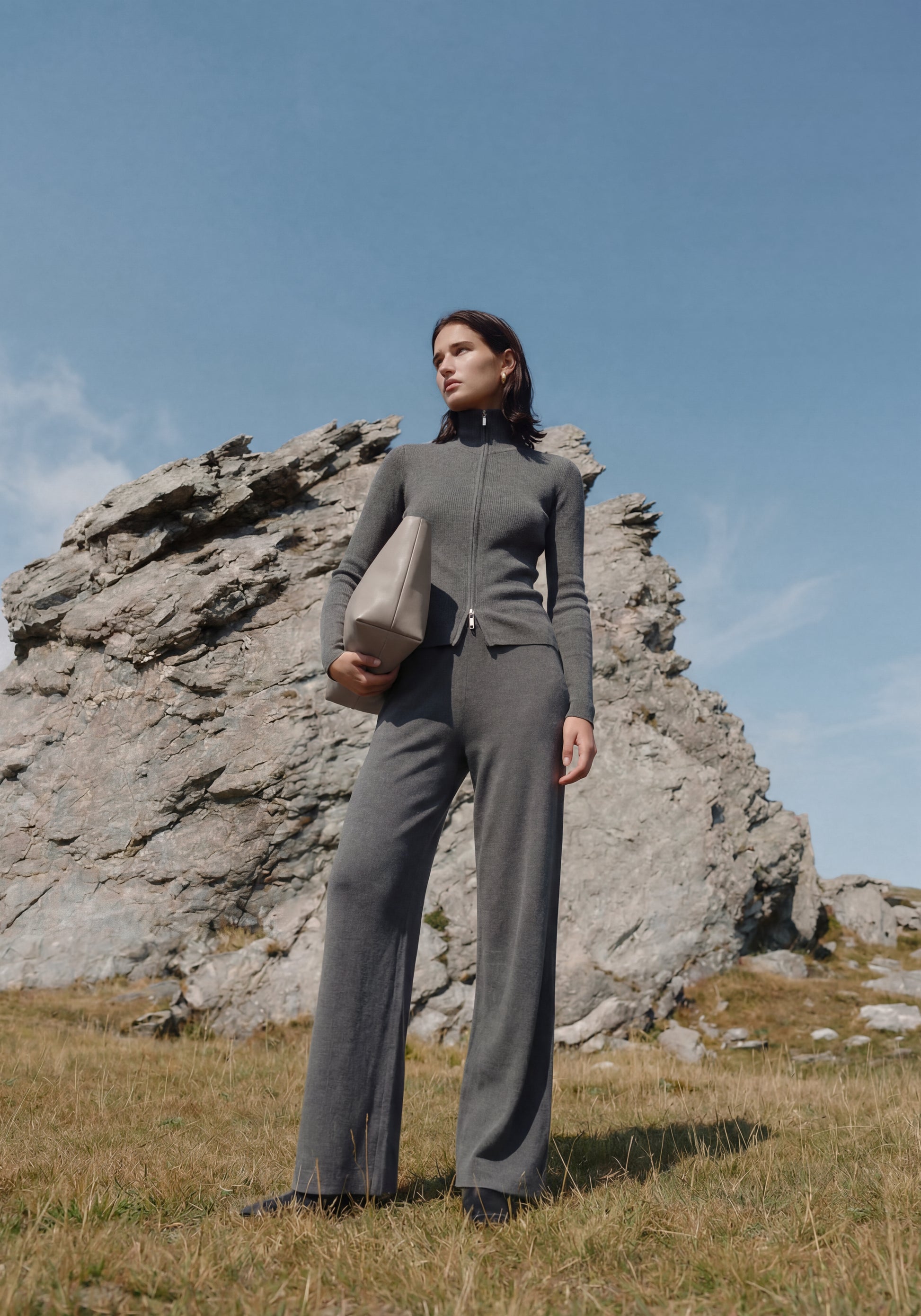 Women’s rib knit cashmere jacket styled with a high collar and slim silhouette