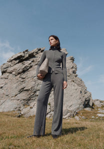 Women’s rib knit cashmere jacket styled with a high collar and slim silhouette