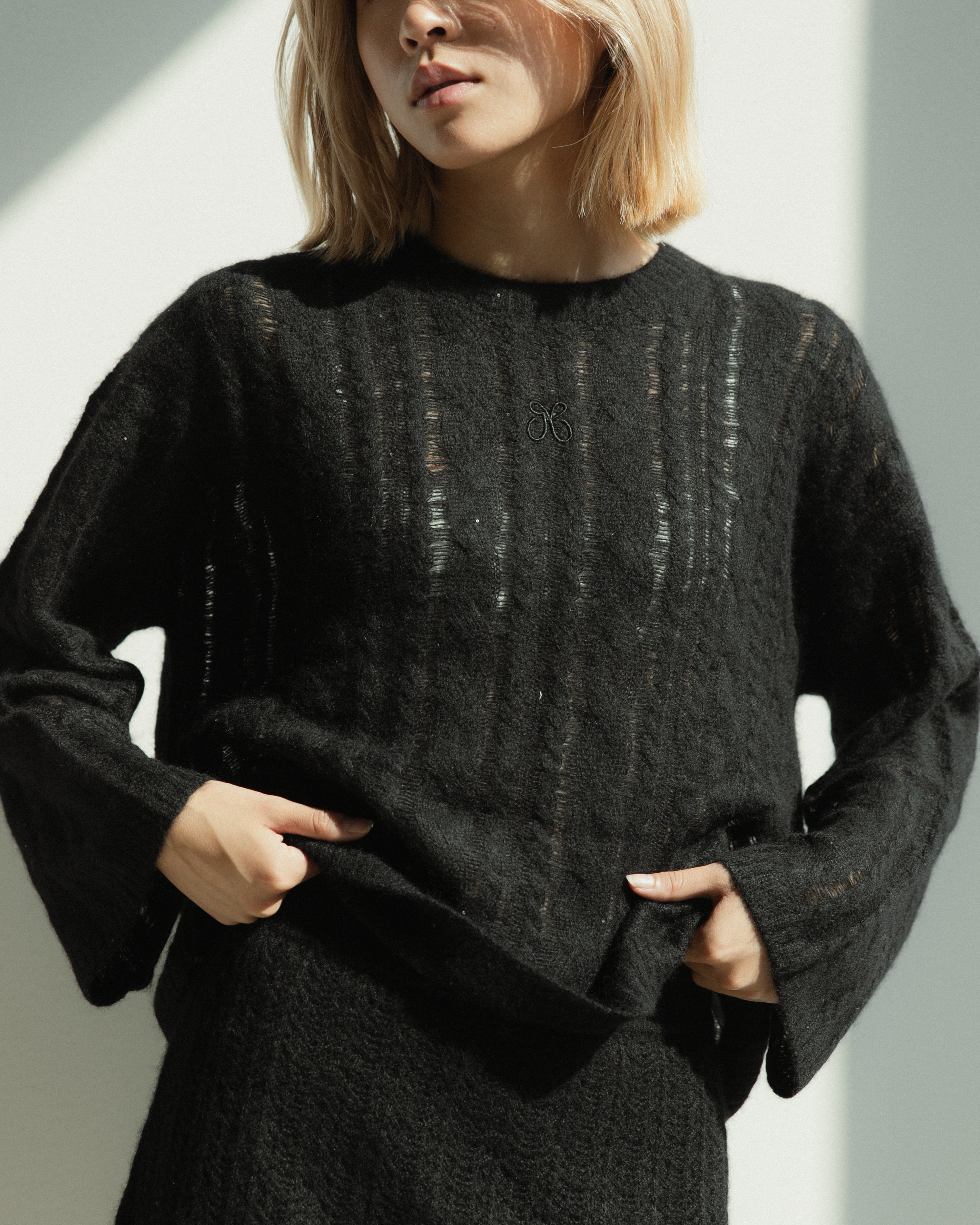 Cashmere Lace Knit Sweater in Americano, Mysto Cashmere