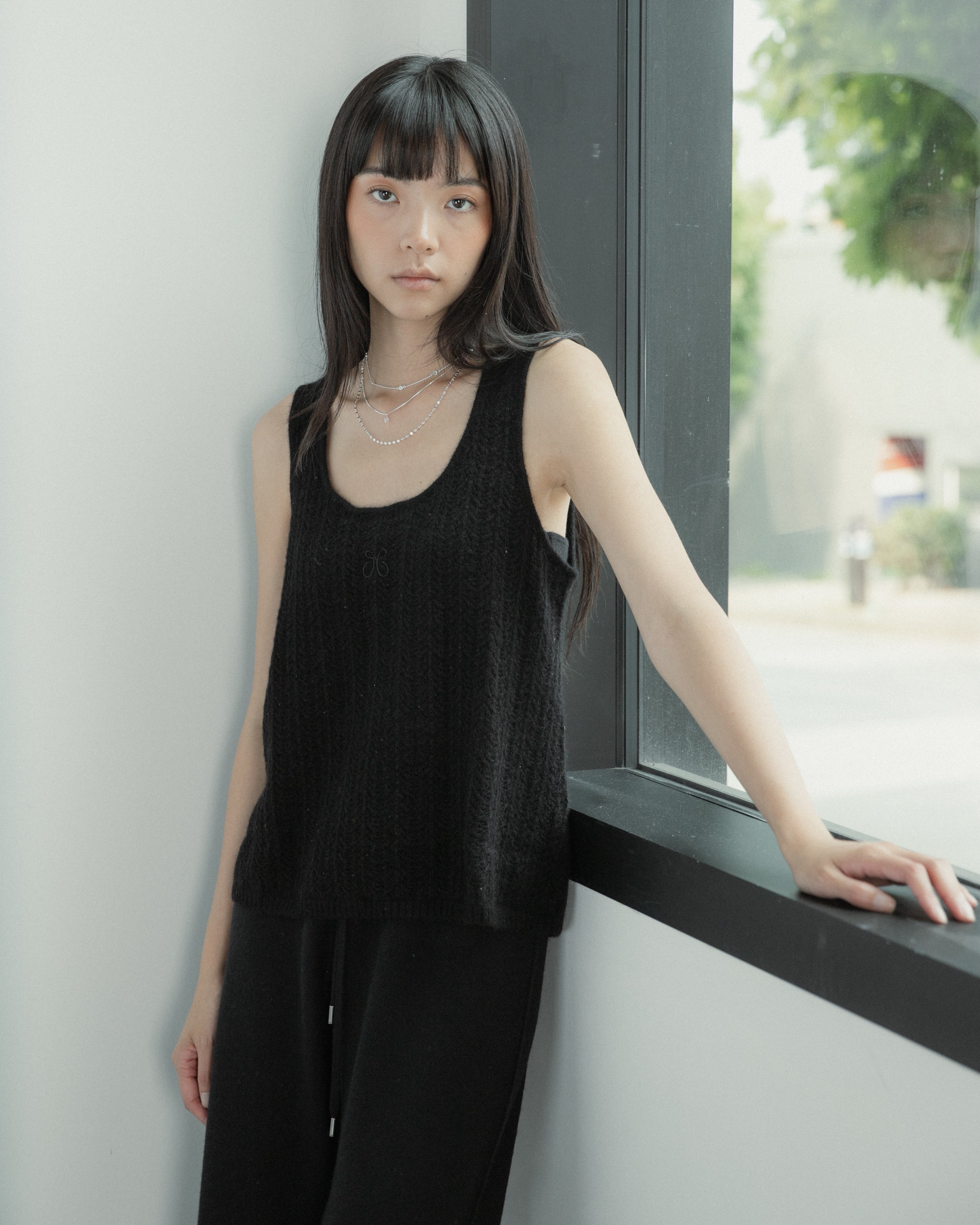 Cashmere Lace Knit Tank in Americano, Mysto Cashmere