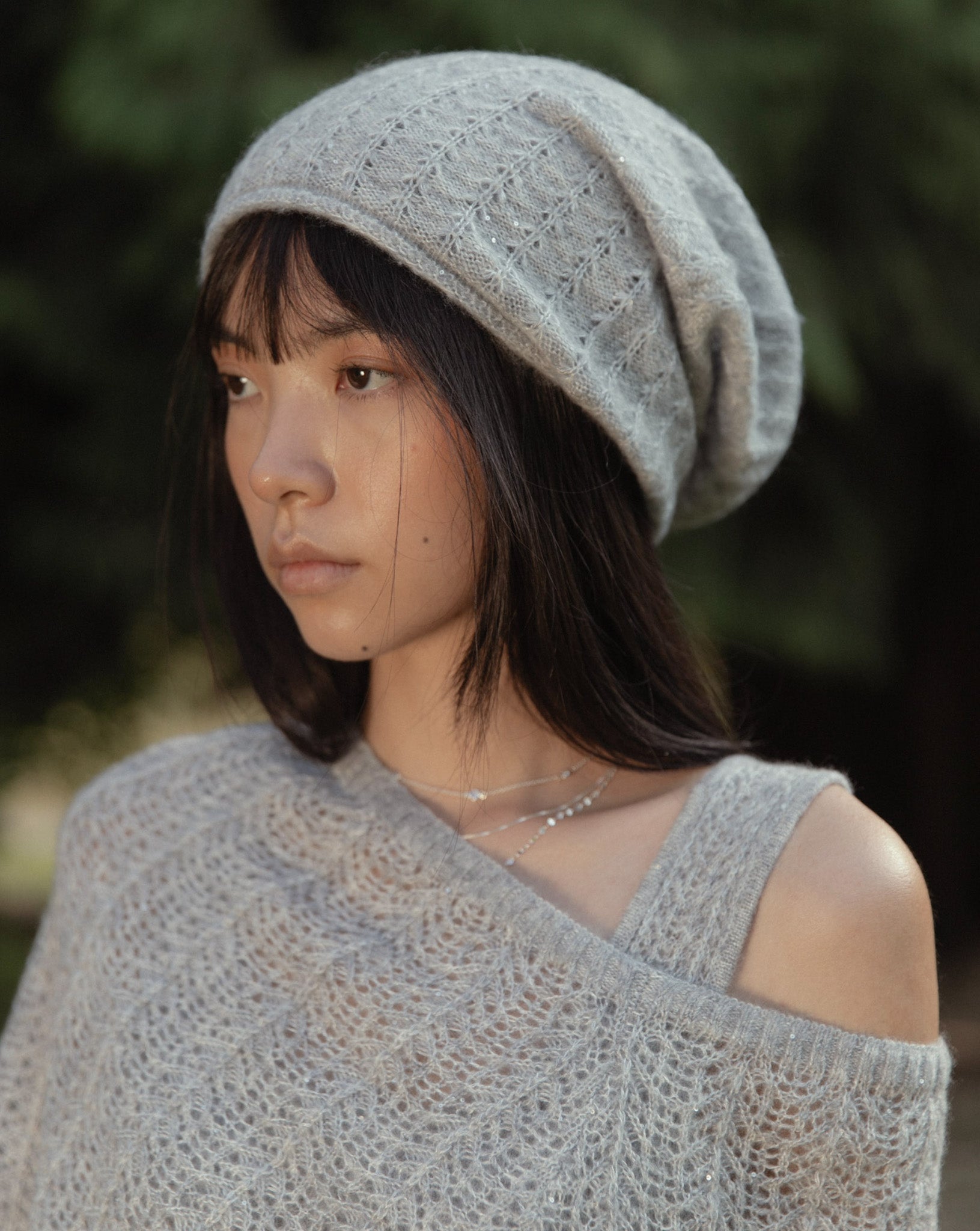 Cashmere Lace Knit Beanie in Cloud, Mysto Cashmere