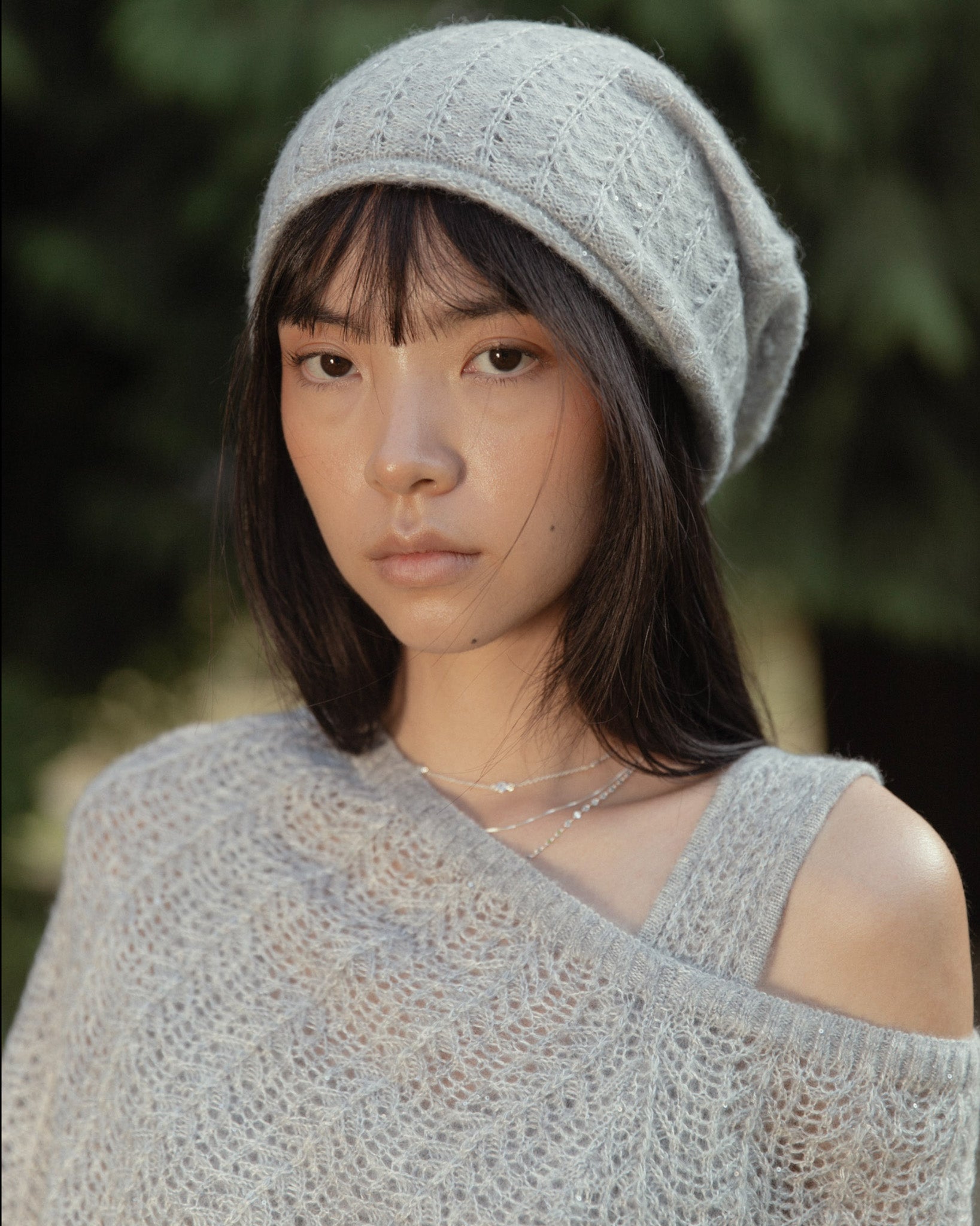 Cashmere Lace Knit Beanie in Cloud, Mysto Cashmere