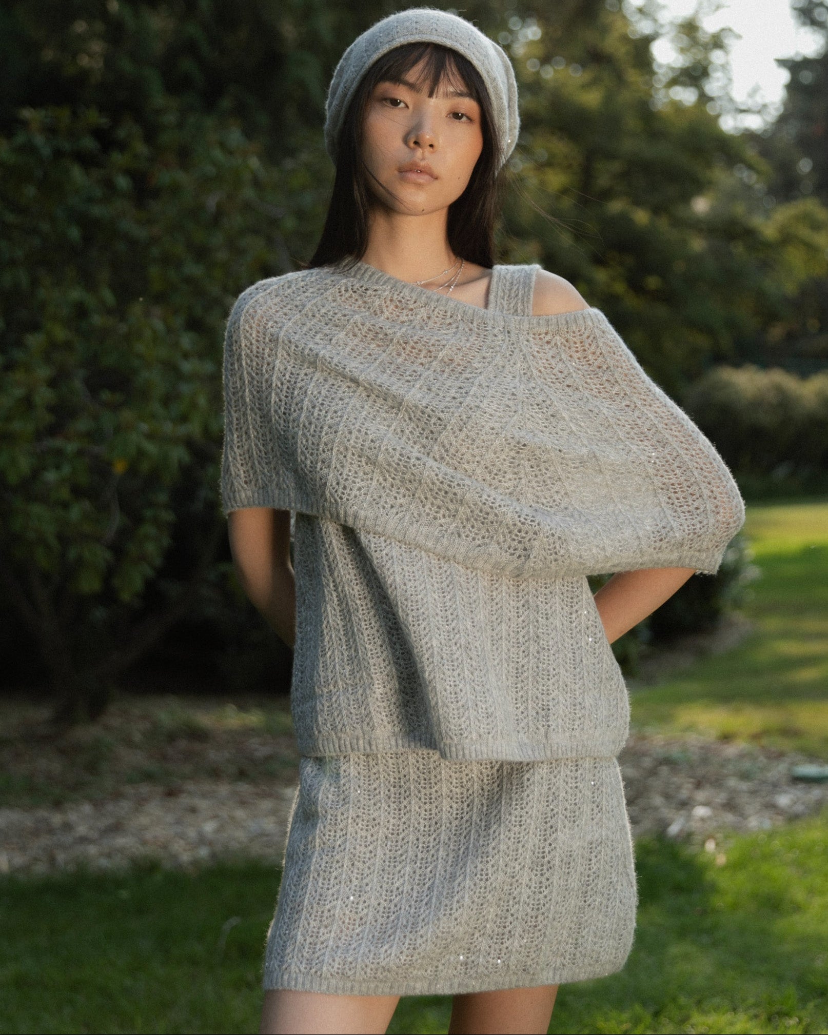Cashmere Lace Knit Beanie in Cloud, Mysto Cashmere