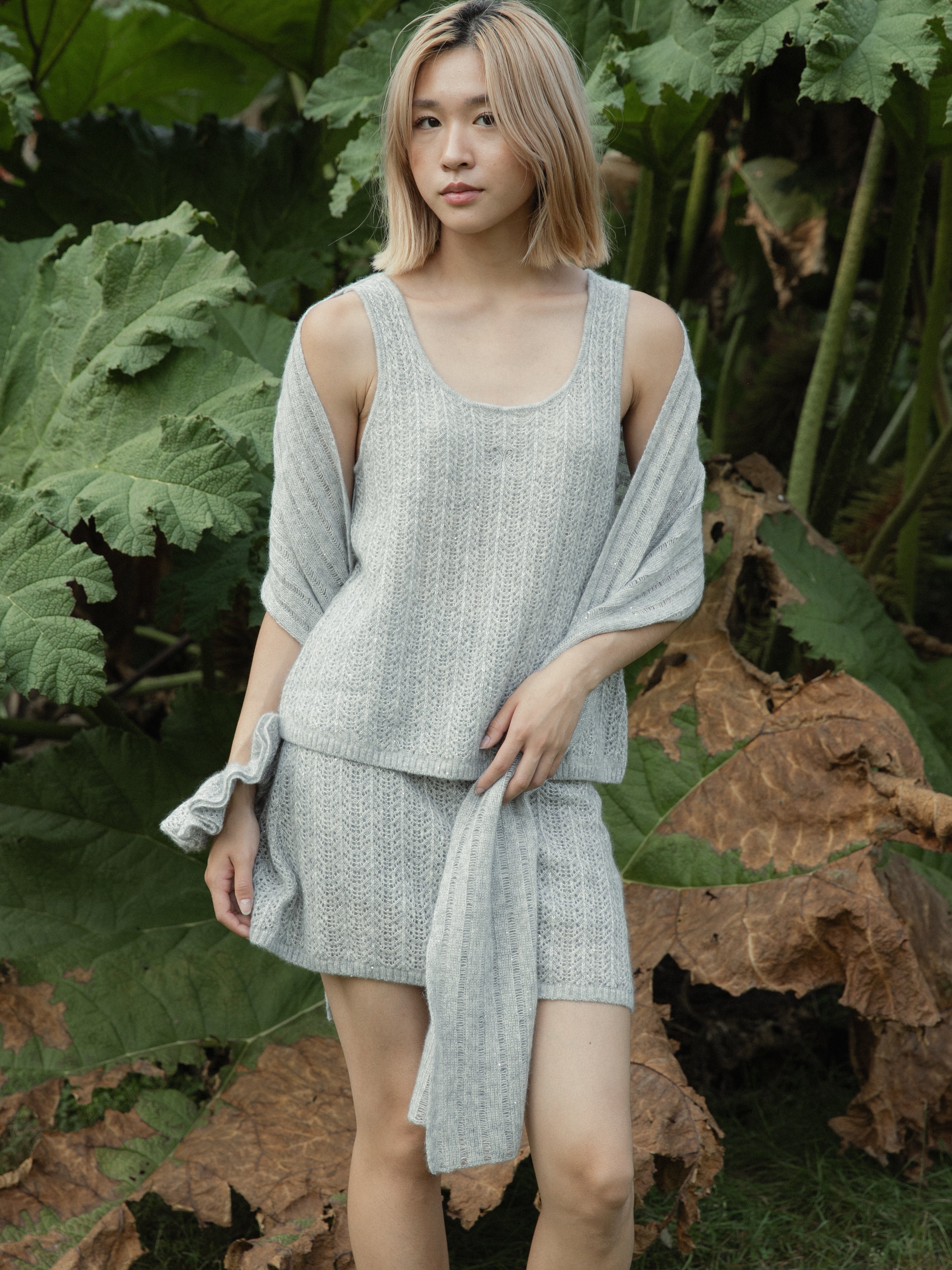 Cashmere Lace Knit Scarf in Cloud, Mysto Cashmere