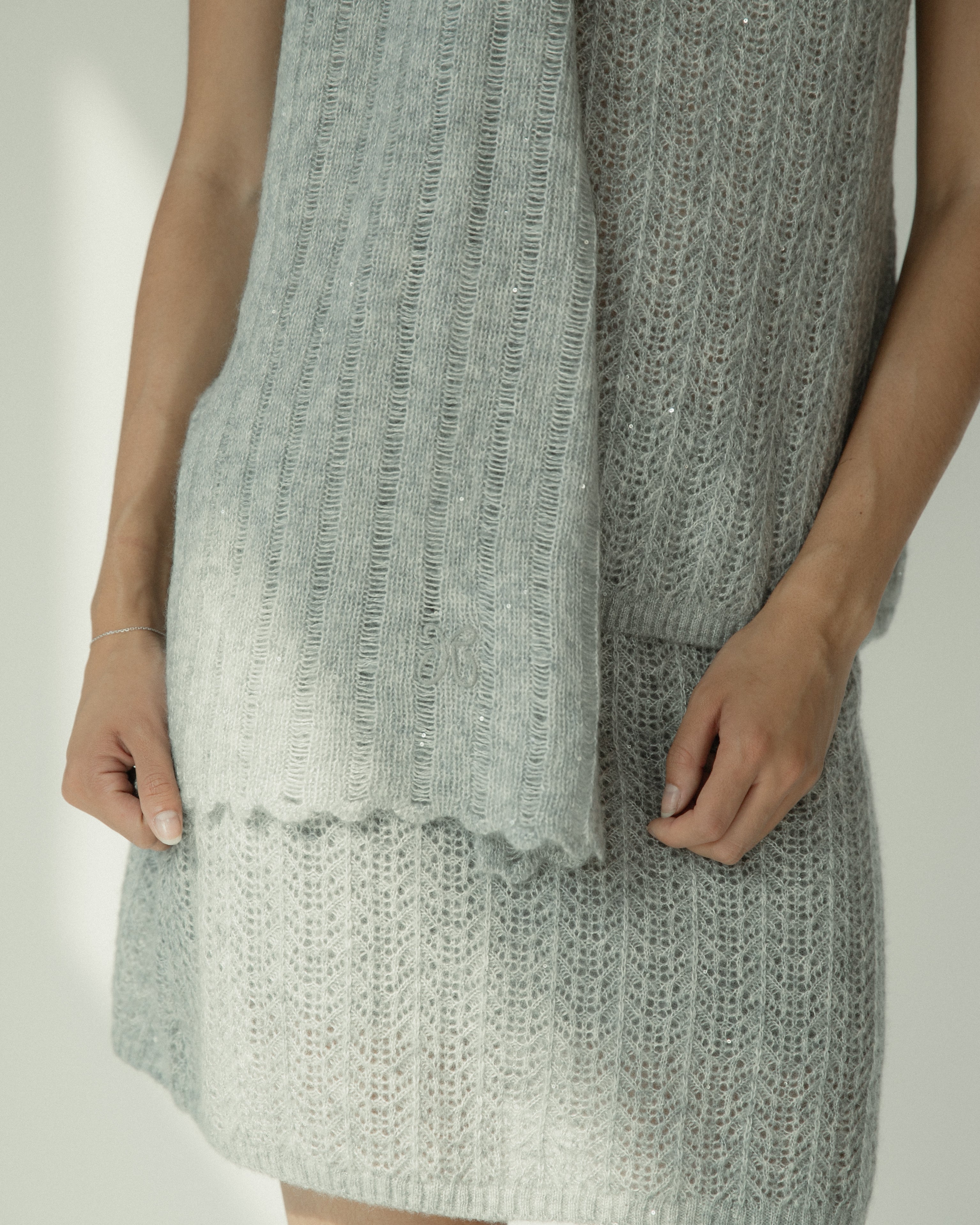 Cashmere Lace Knit Scarf in Cloud, Mysto Cashmere