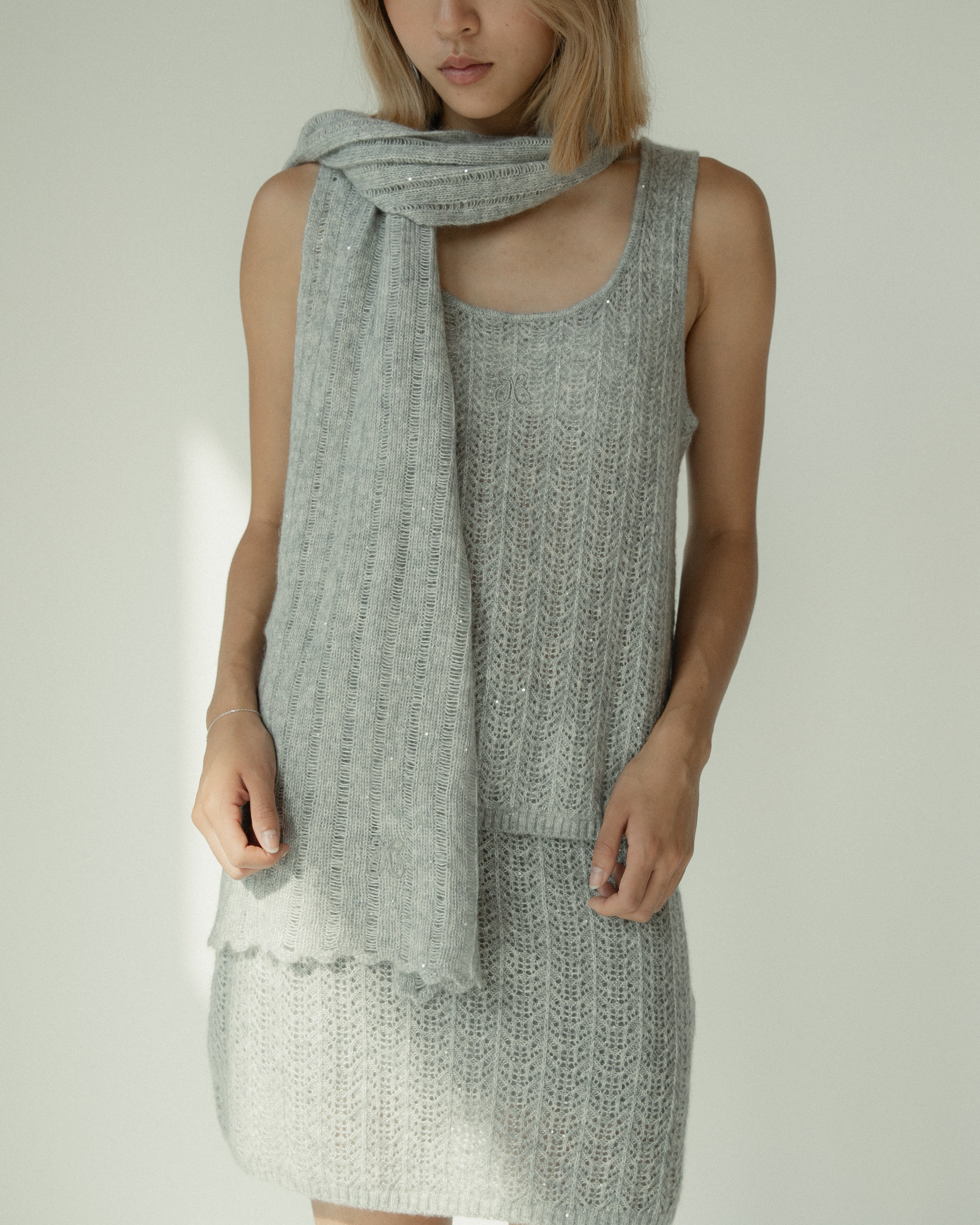 Cashmere Lace Knit Scarf in Cloud, Mysto Cashmere