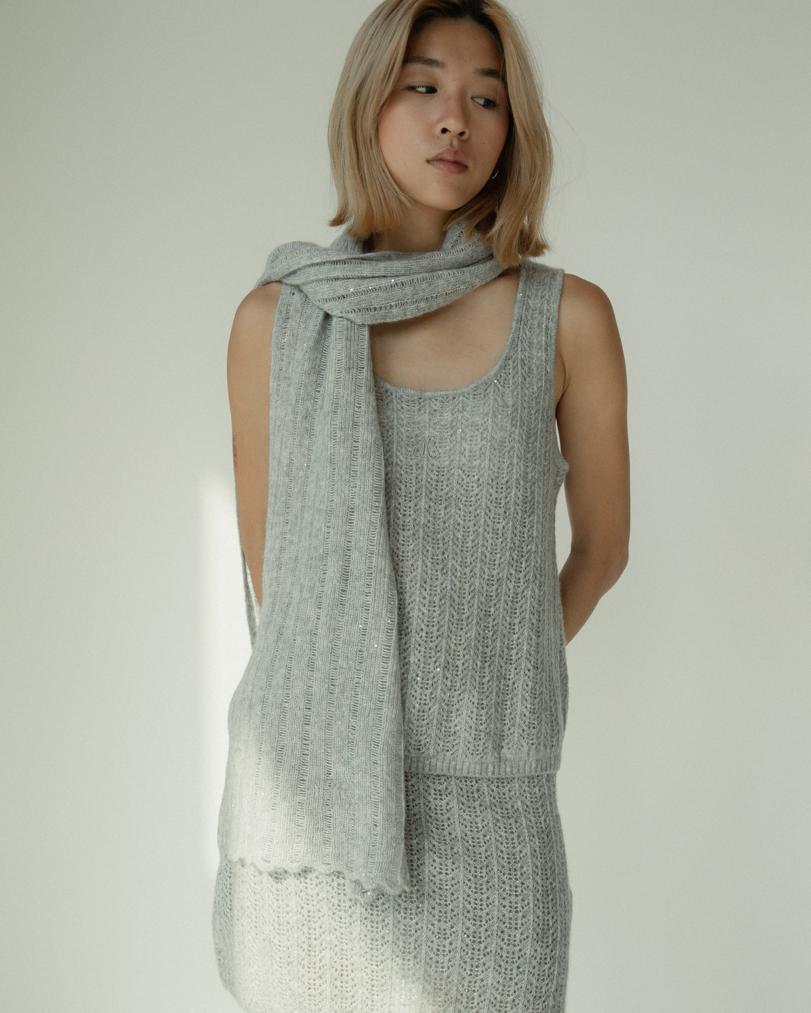 Cashmere Lace Knit Scarf in Cloud, Mysto Cashmere