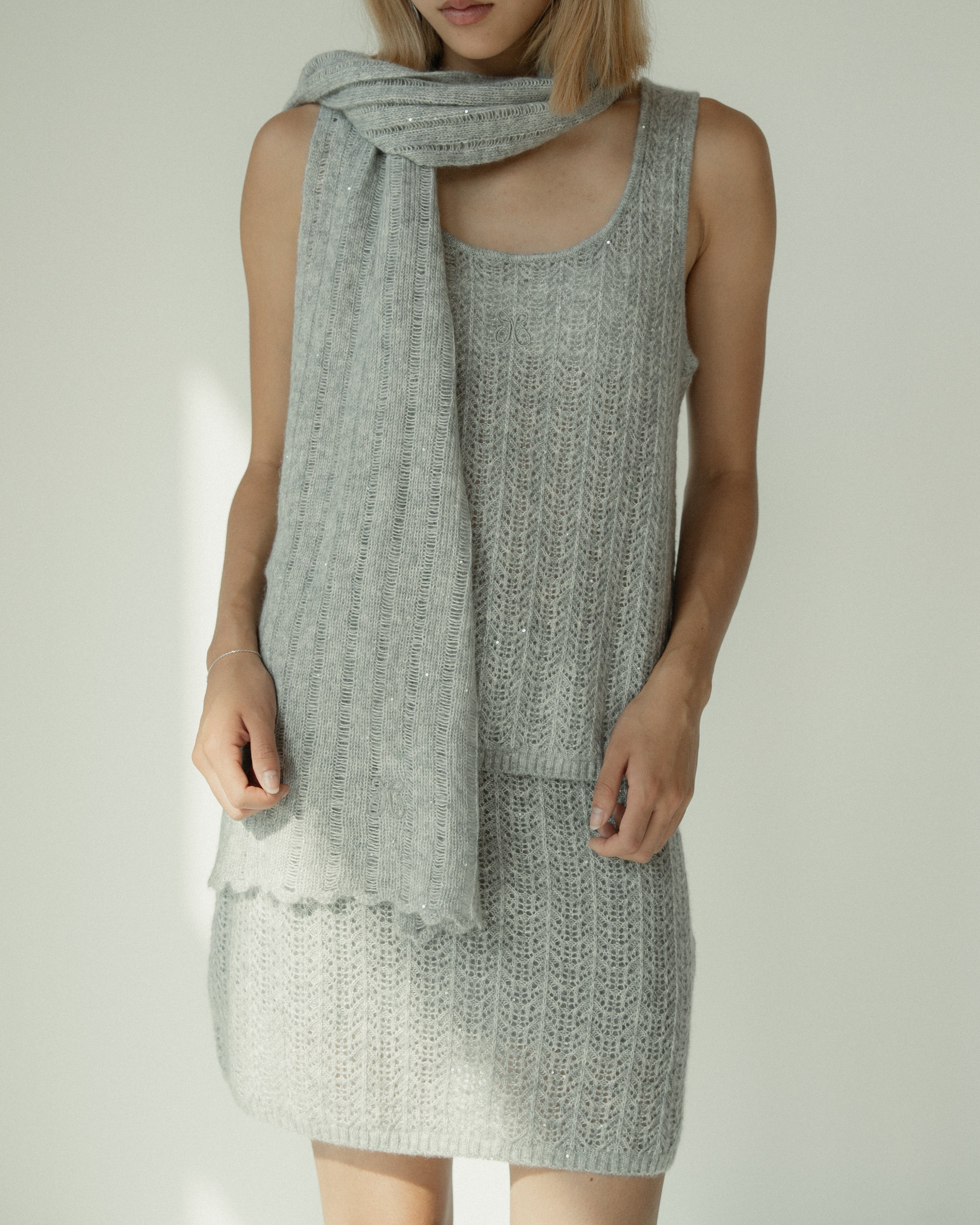 Cashmere Lace Knit Skirt in Cloud, Mysto Cashmere