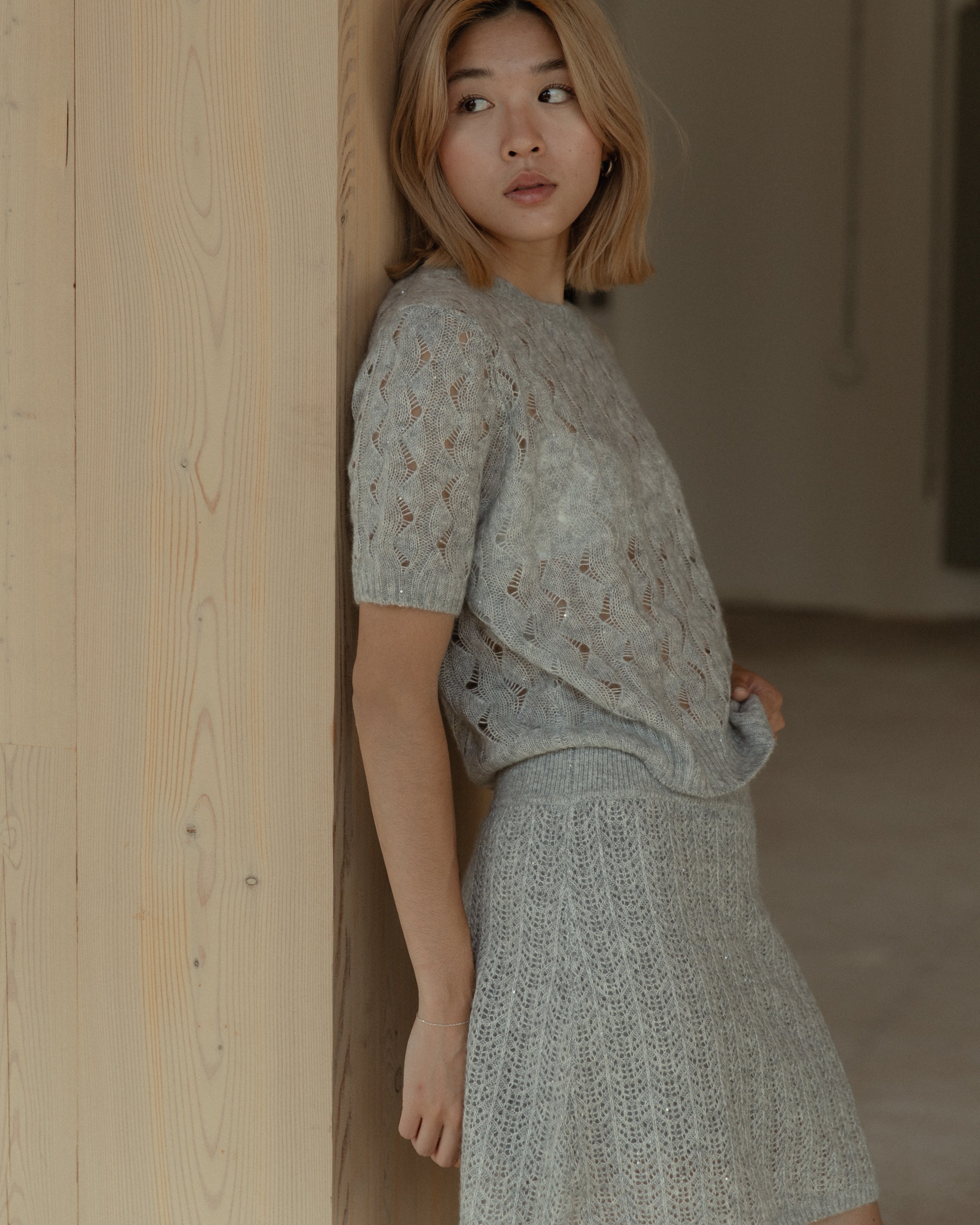 Cashmere Lace Knit Skirt in Cloud, Mysto Cashmere