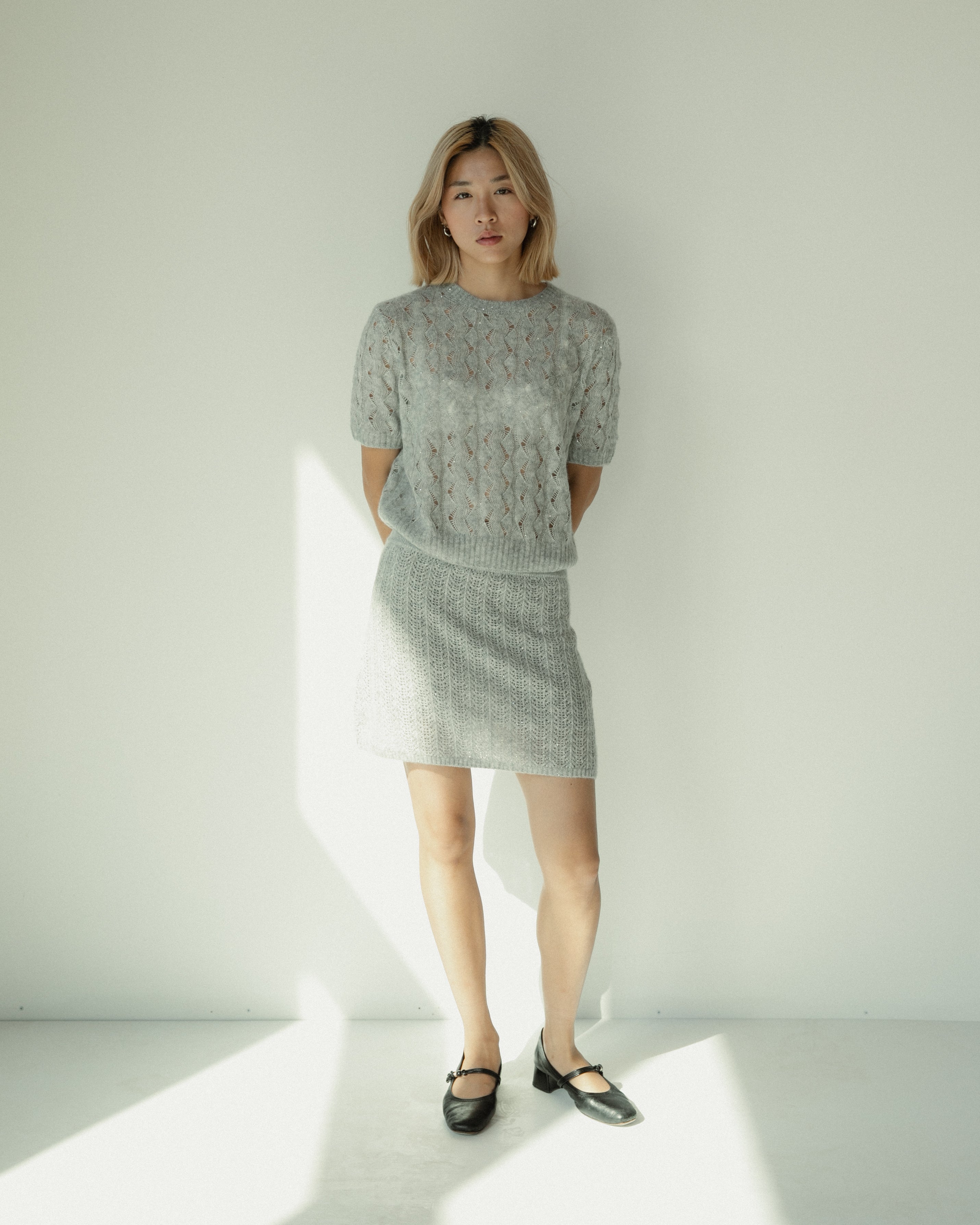 Cashmere Lace Knit Skirt in Cloud, Mysto Cashmere