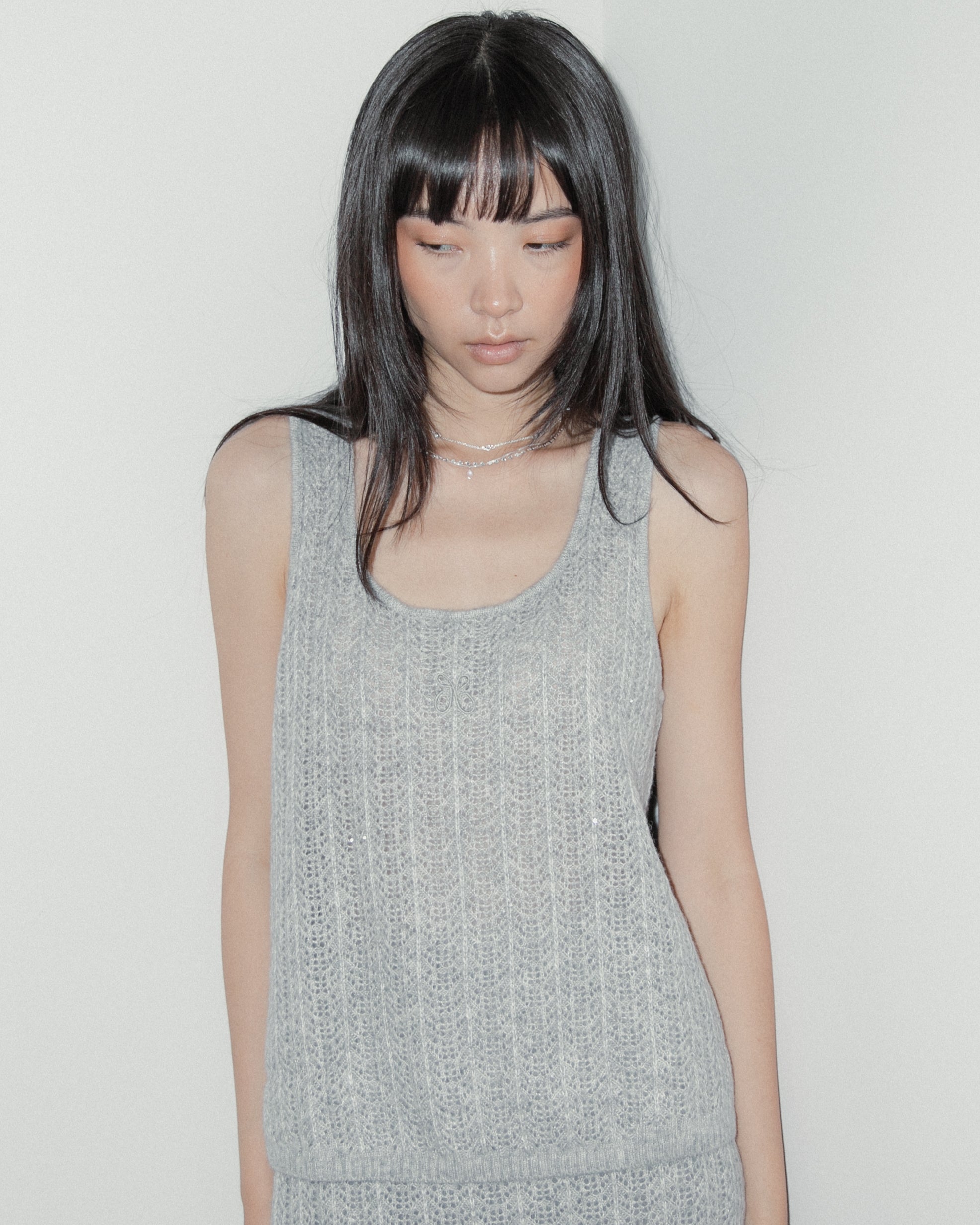 Cashmere Lace Knit Tank in Cloud, Mysto Cashmere