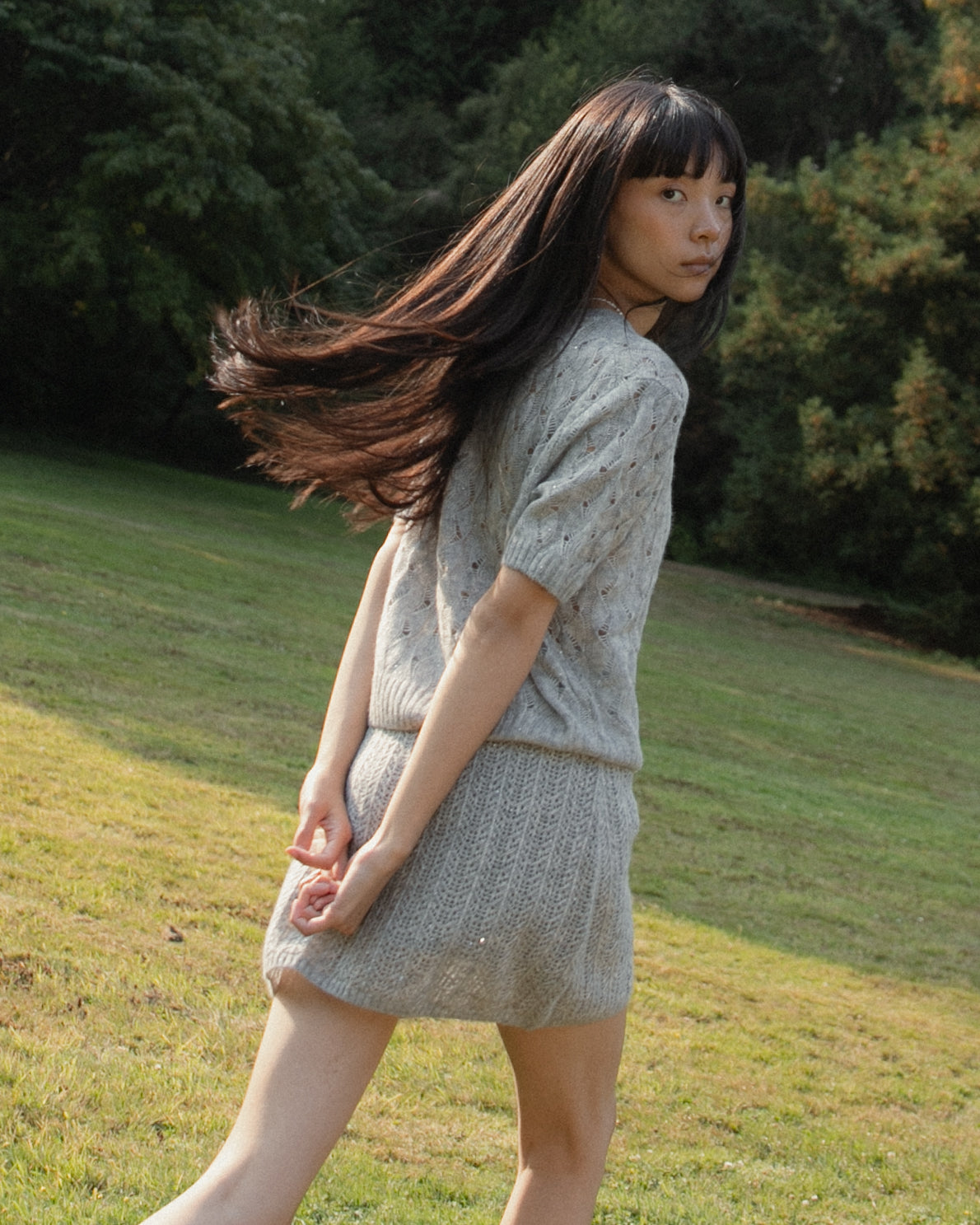 Cashmere Lace Knit Short Sleeves in Cloud, Mysto Cashmere