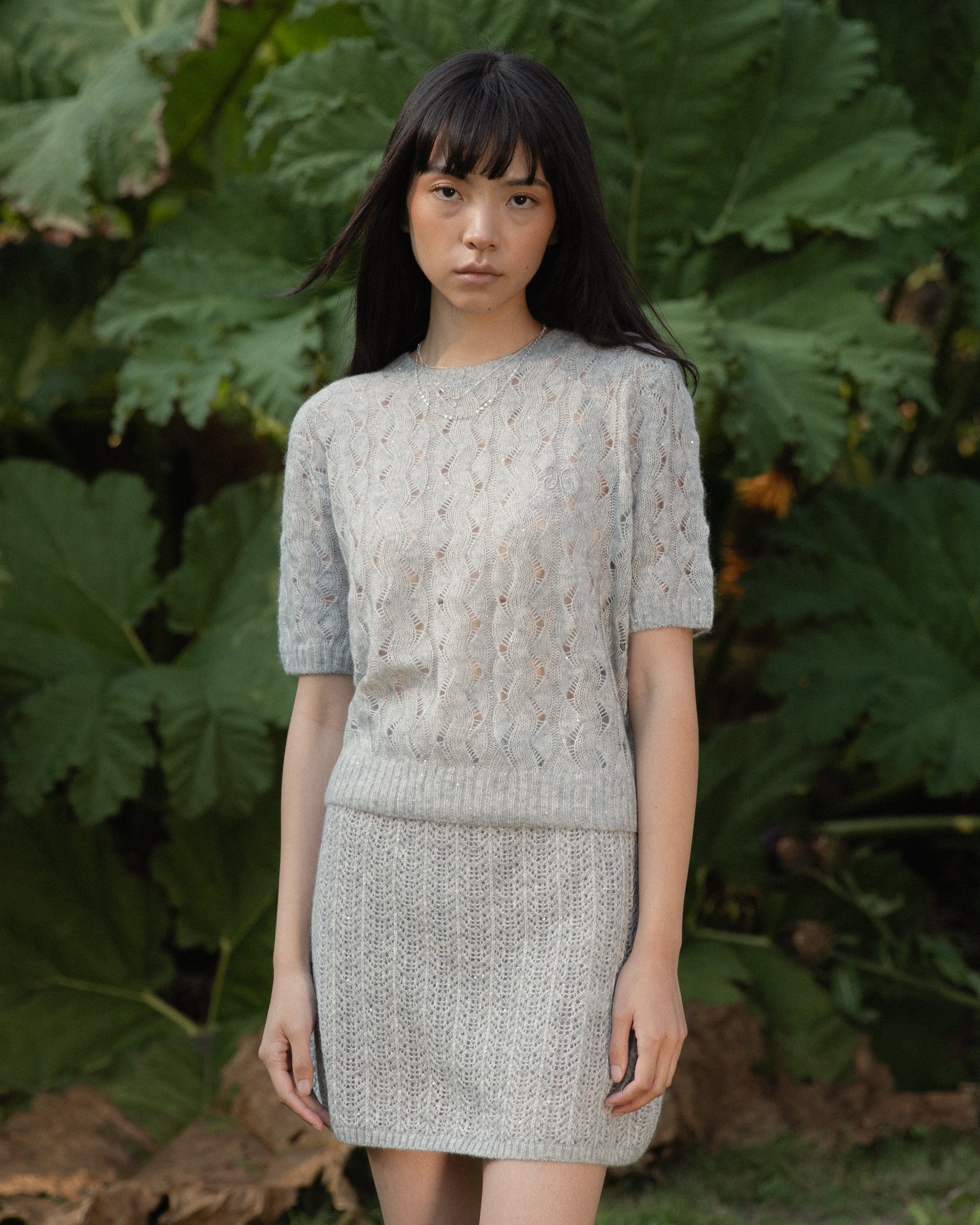 Cashmere Lace Knit Short Sleeves in Cloud, Mysto Cashmere