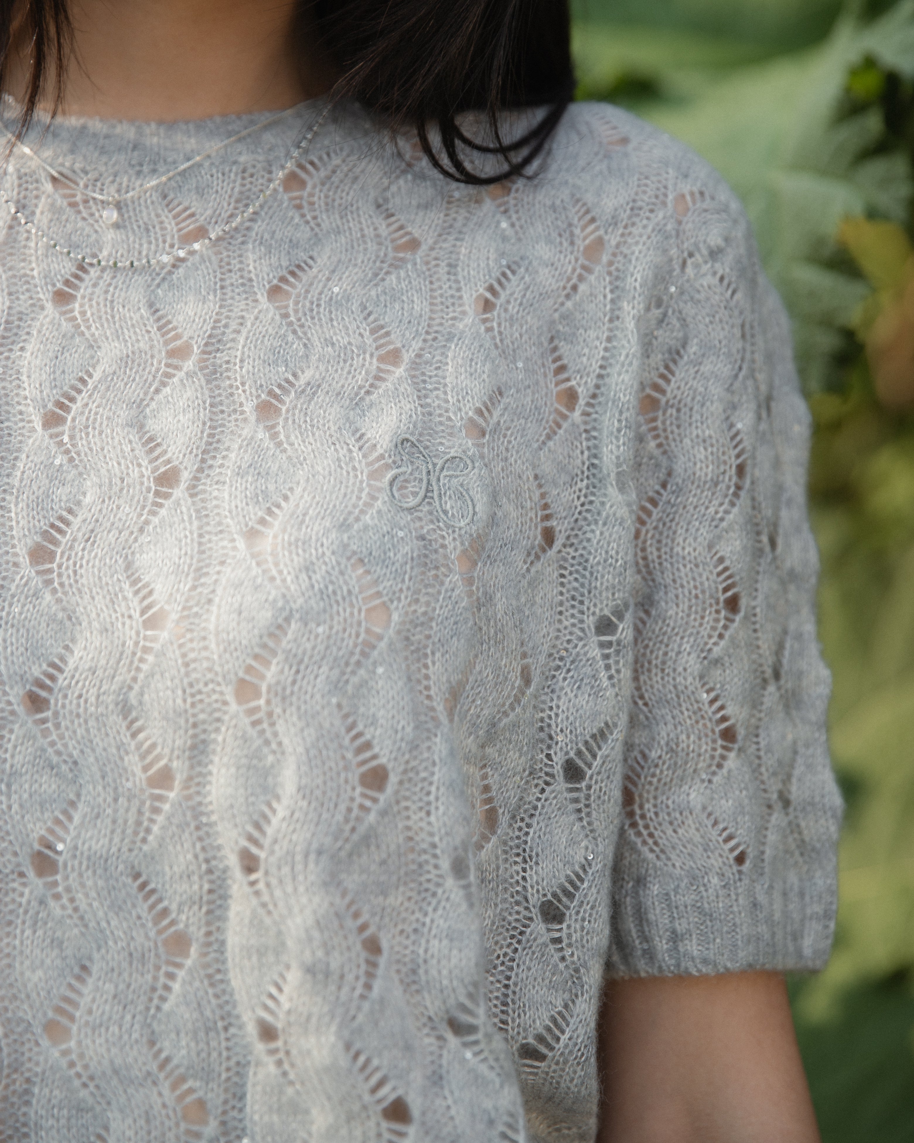 Cashmere Lace Knit Short Sleeves in Cloud, Mysto Cashmere