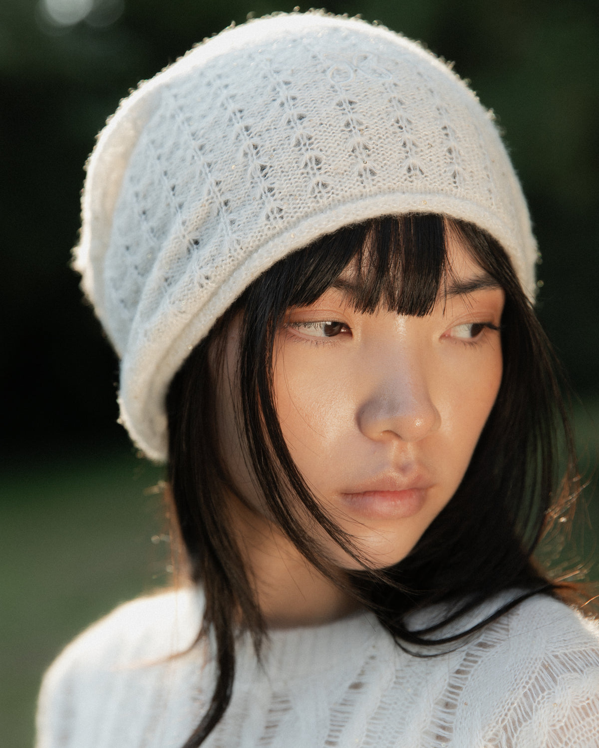 Cashmere Lace Knit Beanie in Cream, Mysto Cashmere