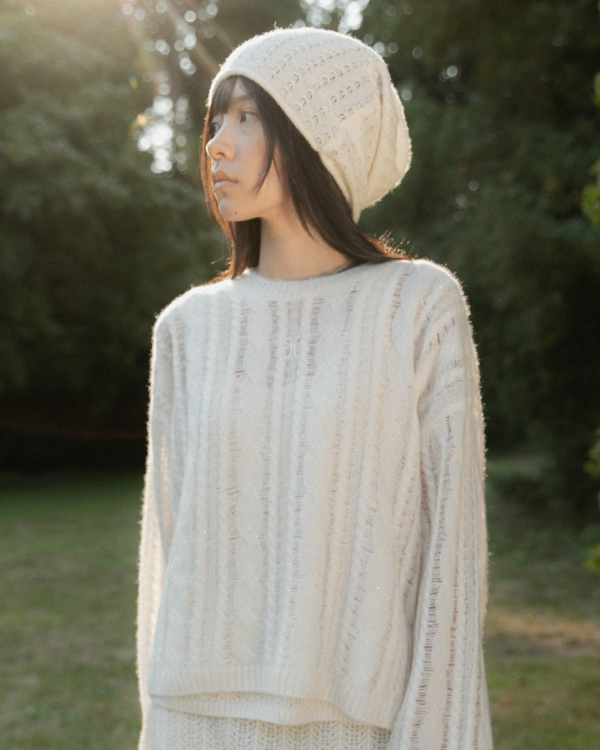 Cashmere Lace Knit Beanie in Cream, Mysto Cashmere