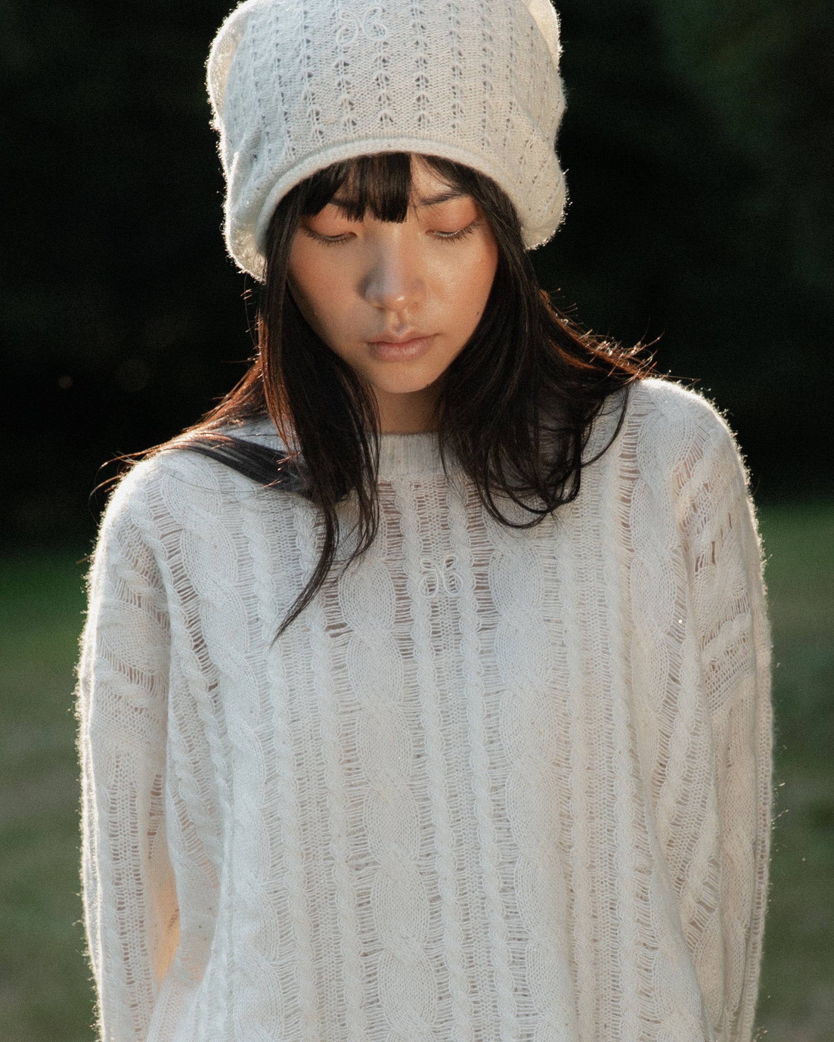 Cashmere Lace Knit Beanie in Cream, Mysto Cashmere