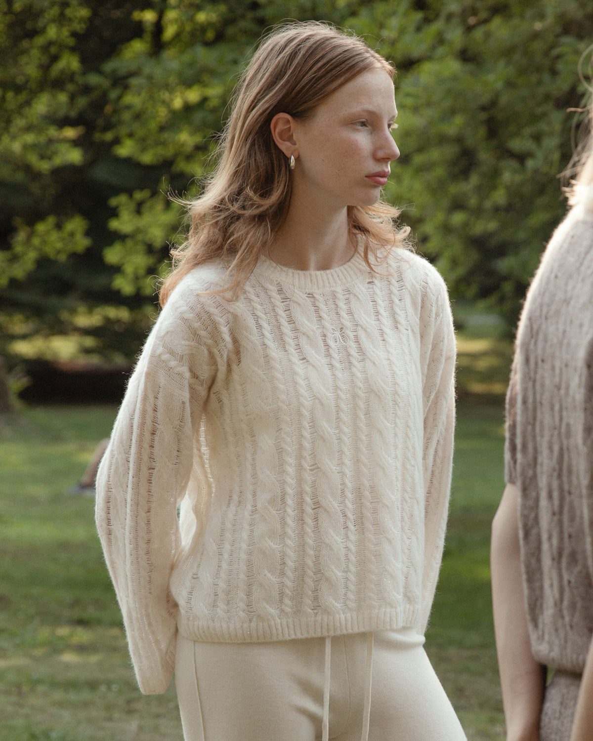 Cashmere Lace Knit Sweater in Cream, Mysto Cashmere