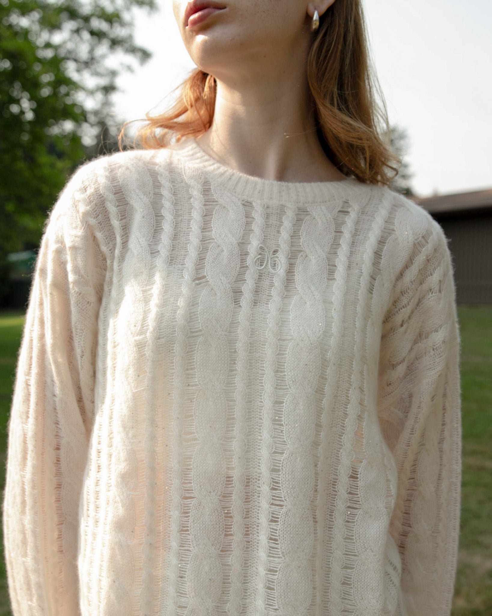 Cashmere Lace Knit Sweater in Cream, Mysto Cashmere