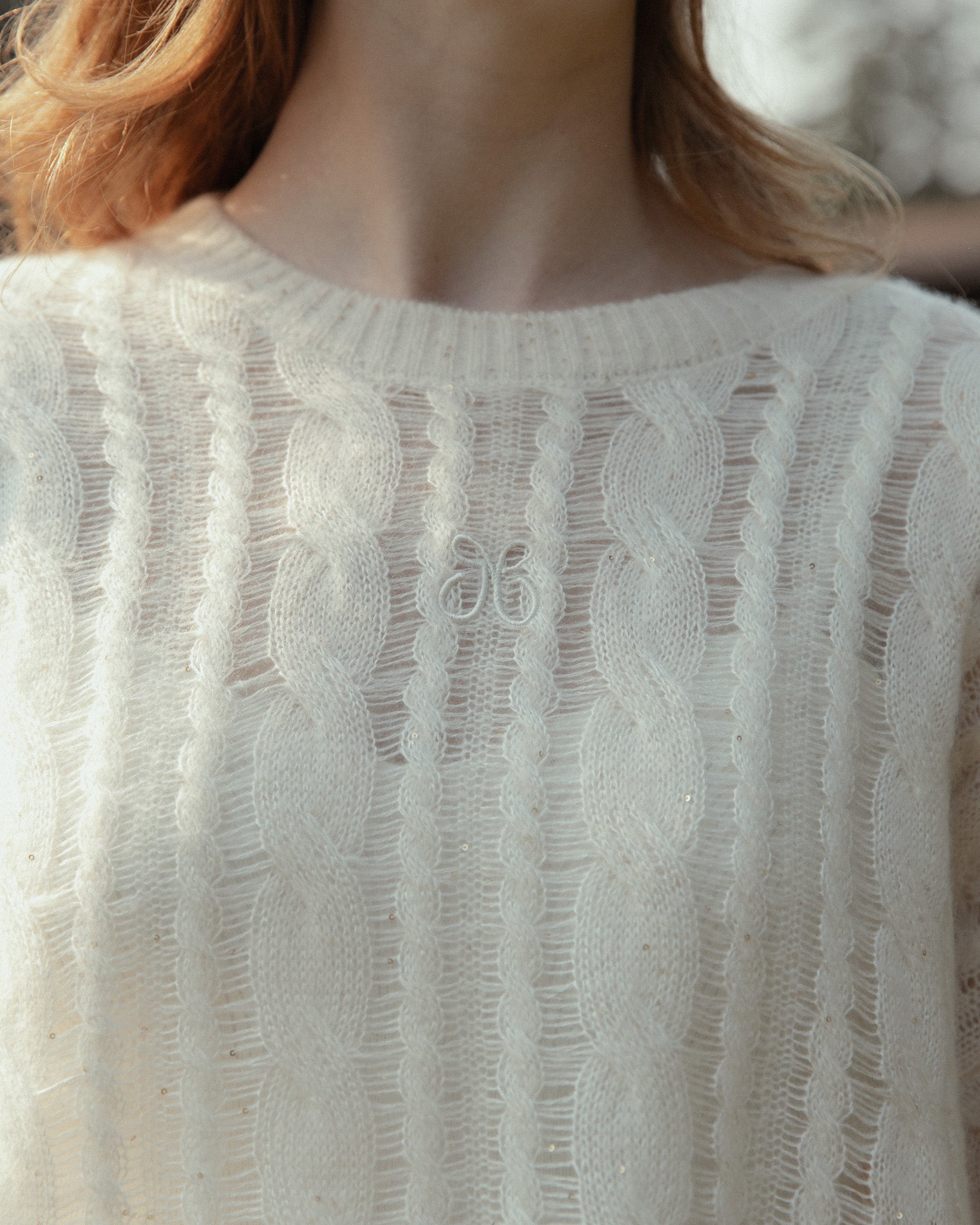 Cashmere Lace Knit Sweater in Cream, Mysto Cashmere