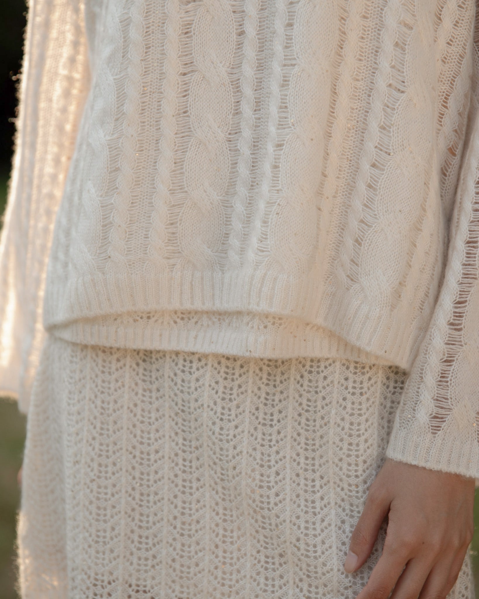 Cashmere Lace Knit Sweater in Cream, Mysto Cashmere