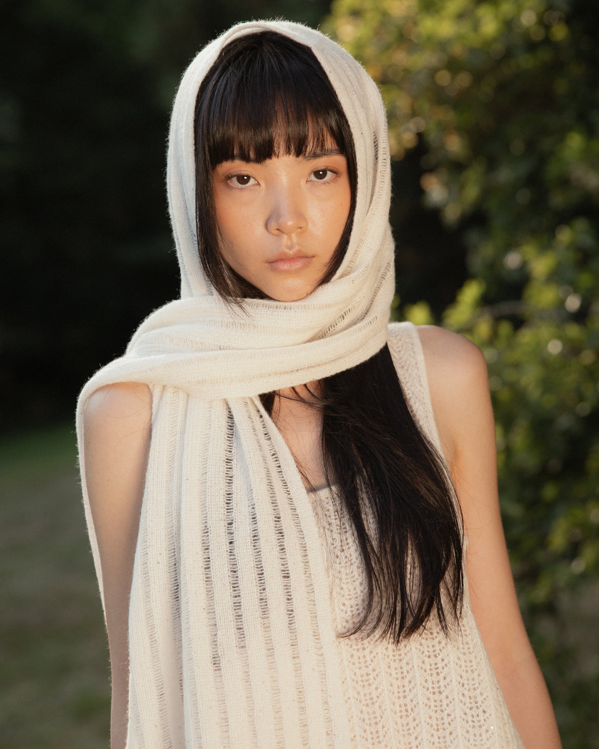Cashmere Lace Knit Scarf in Cream, Mysto Cashmere