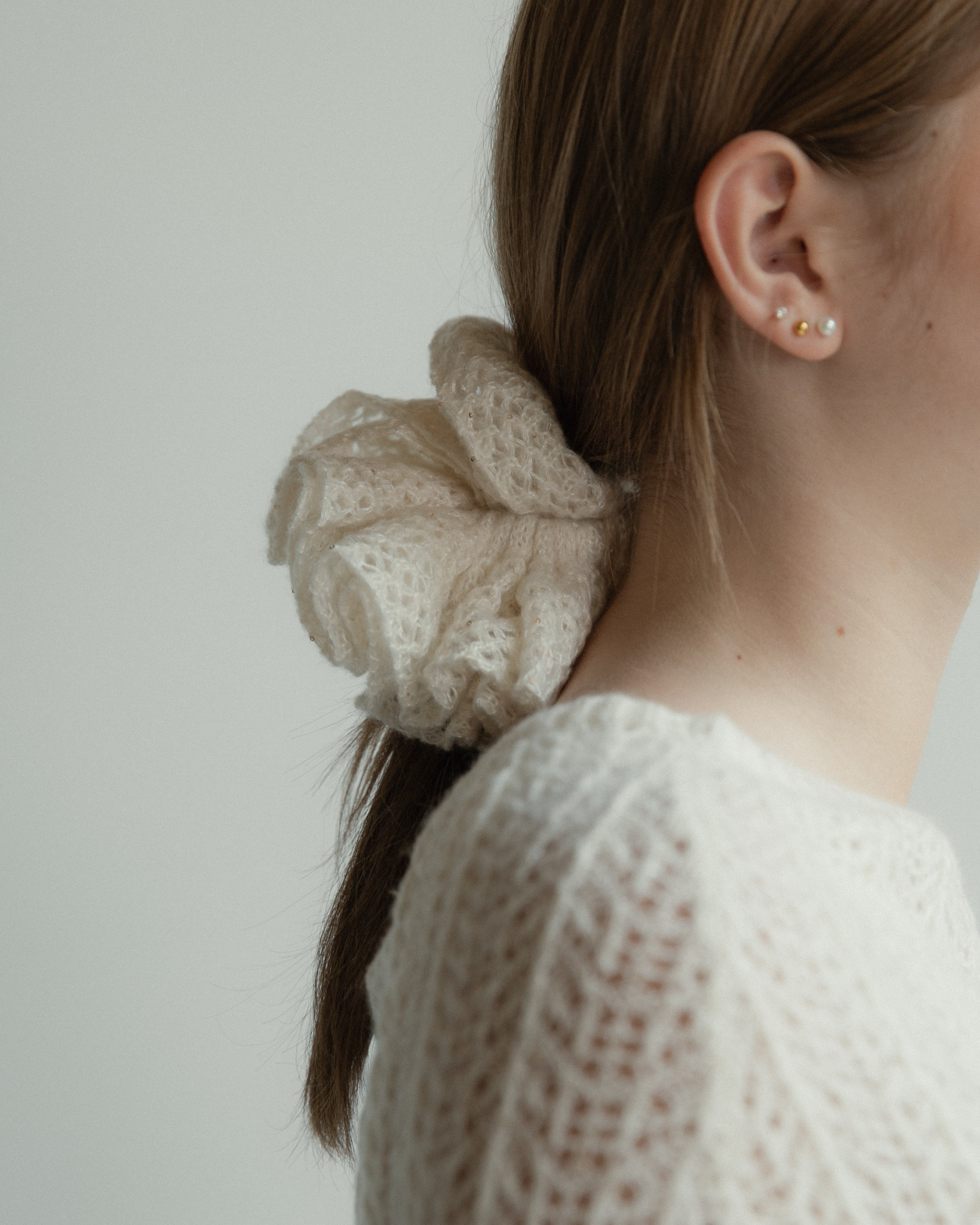 Cashmere Lace Knit Scrunchie in Cream, Mysto Cashmere