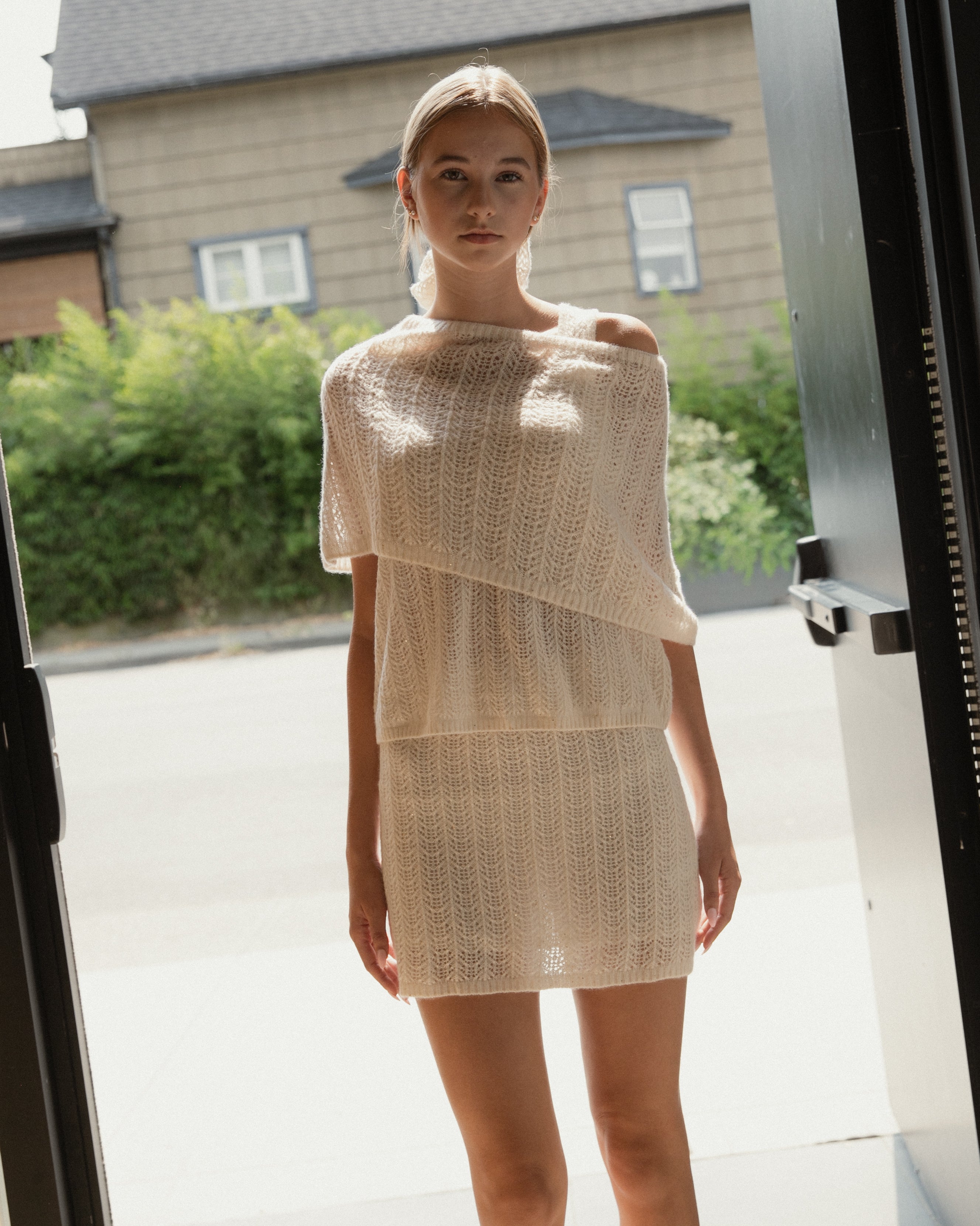 Cashmere Lace Knit Shawl in Cream, Mysto Cashmere
