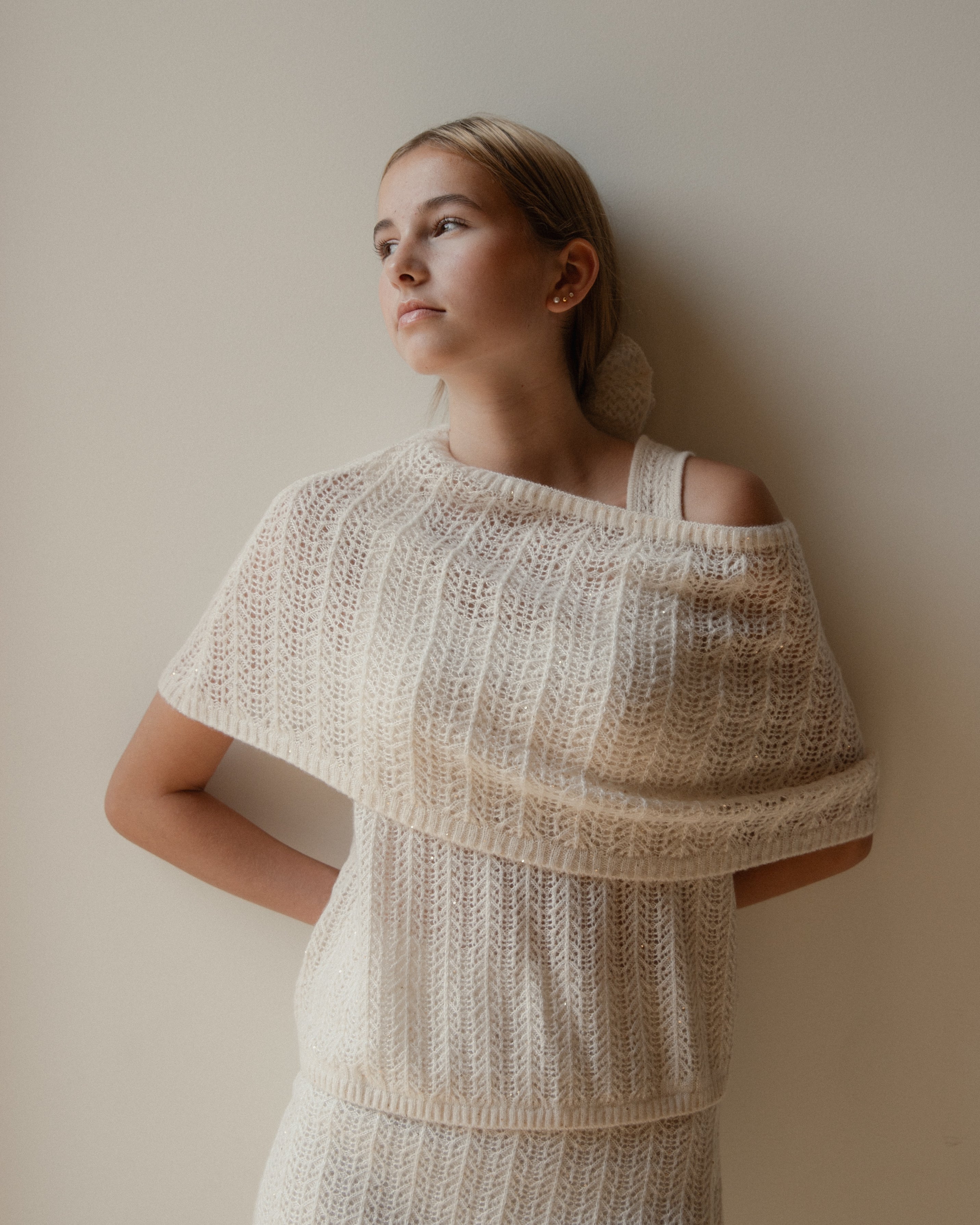 Cashmere Lace Knit Shawl in Cream, Mysto Cashmere