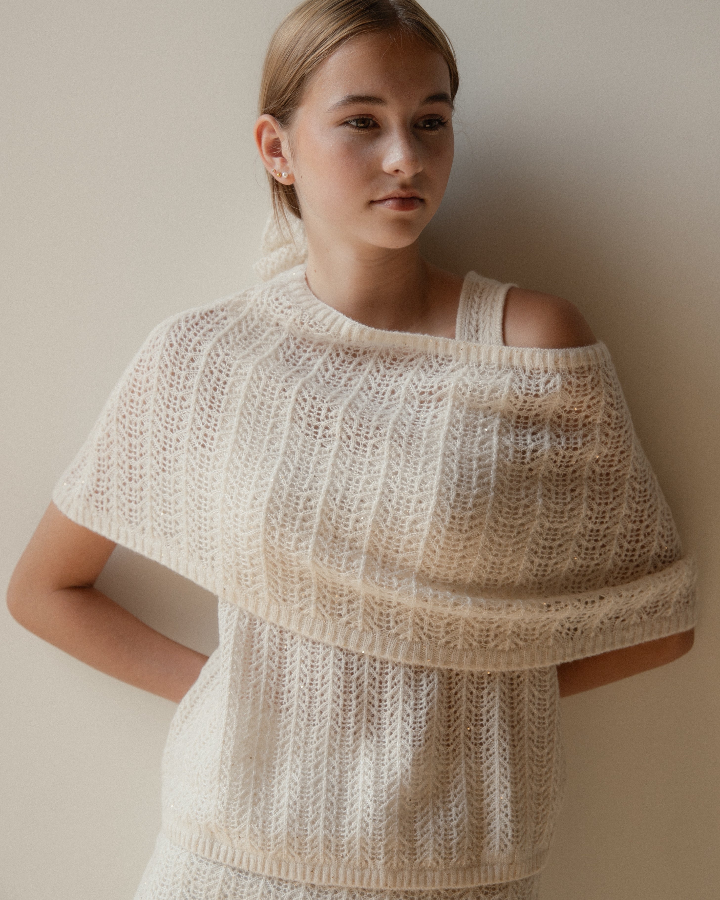 Cashmere Lace Knit Shawl in Cream, Mysto Cashmere