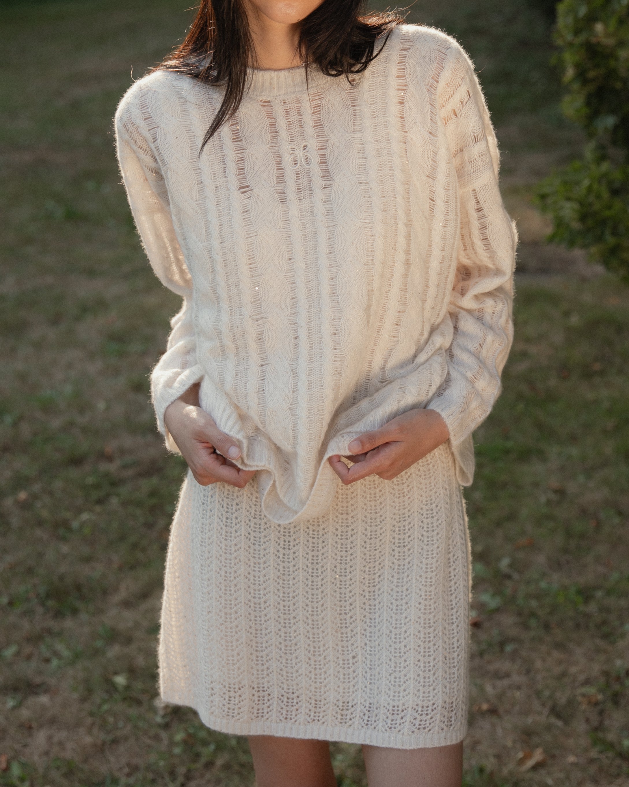 Cashmere Lace Knit Skirt in Cream, Mysto Cashmere