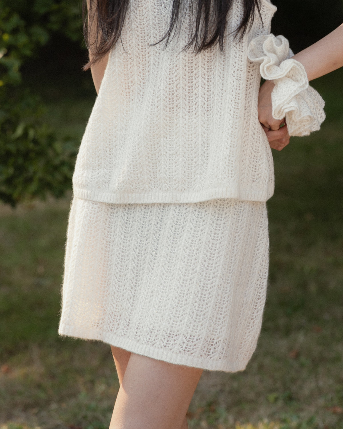 Cashmere Lace Knit Skirt in Cream, Mysto Cashmere