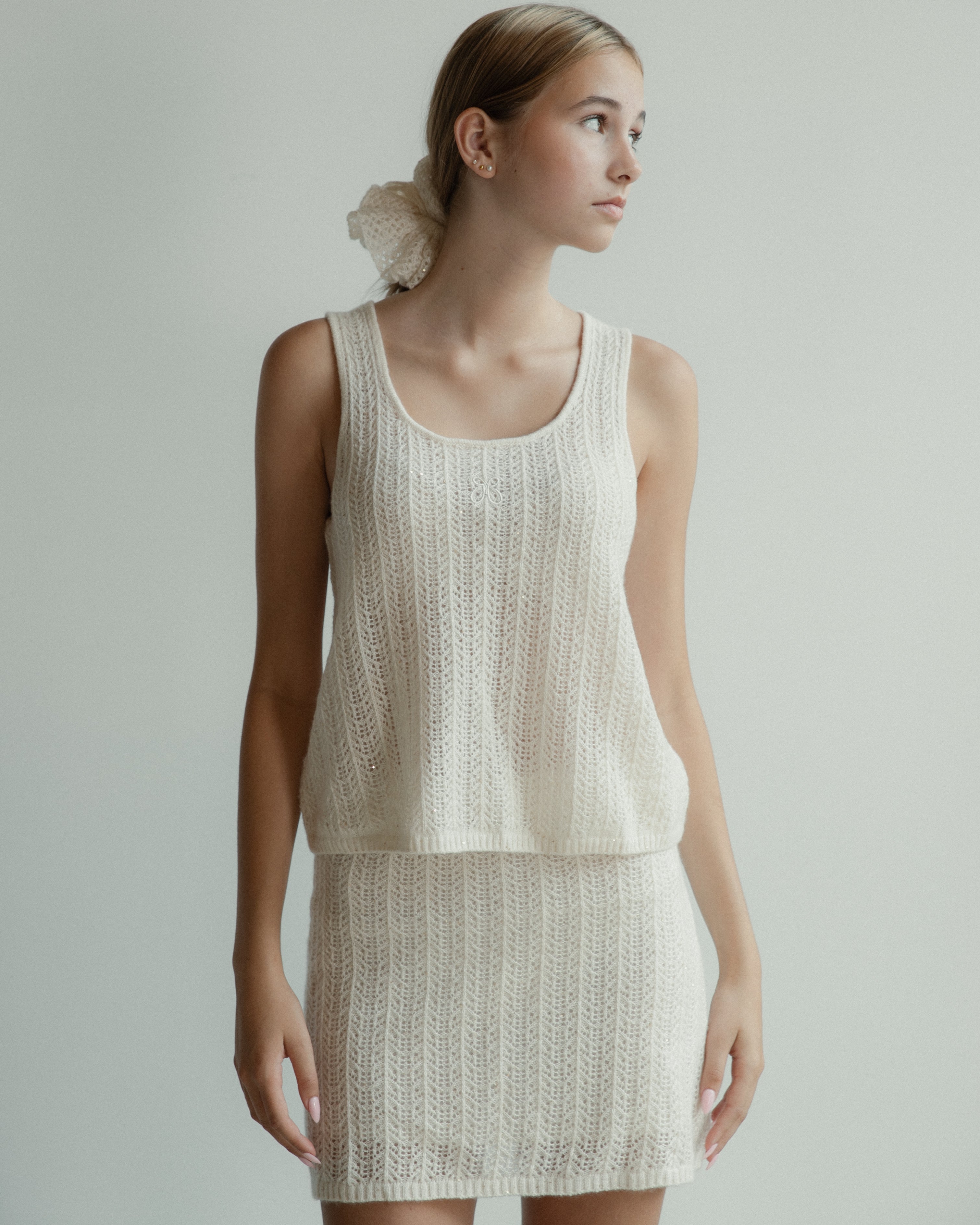 Cashmere Lace Knit Tank in Cream, Mysto Cashmere