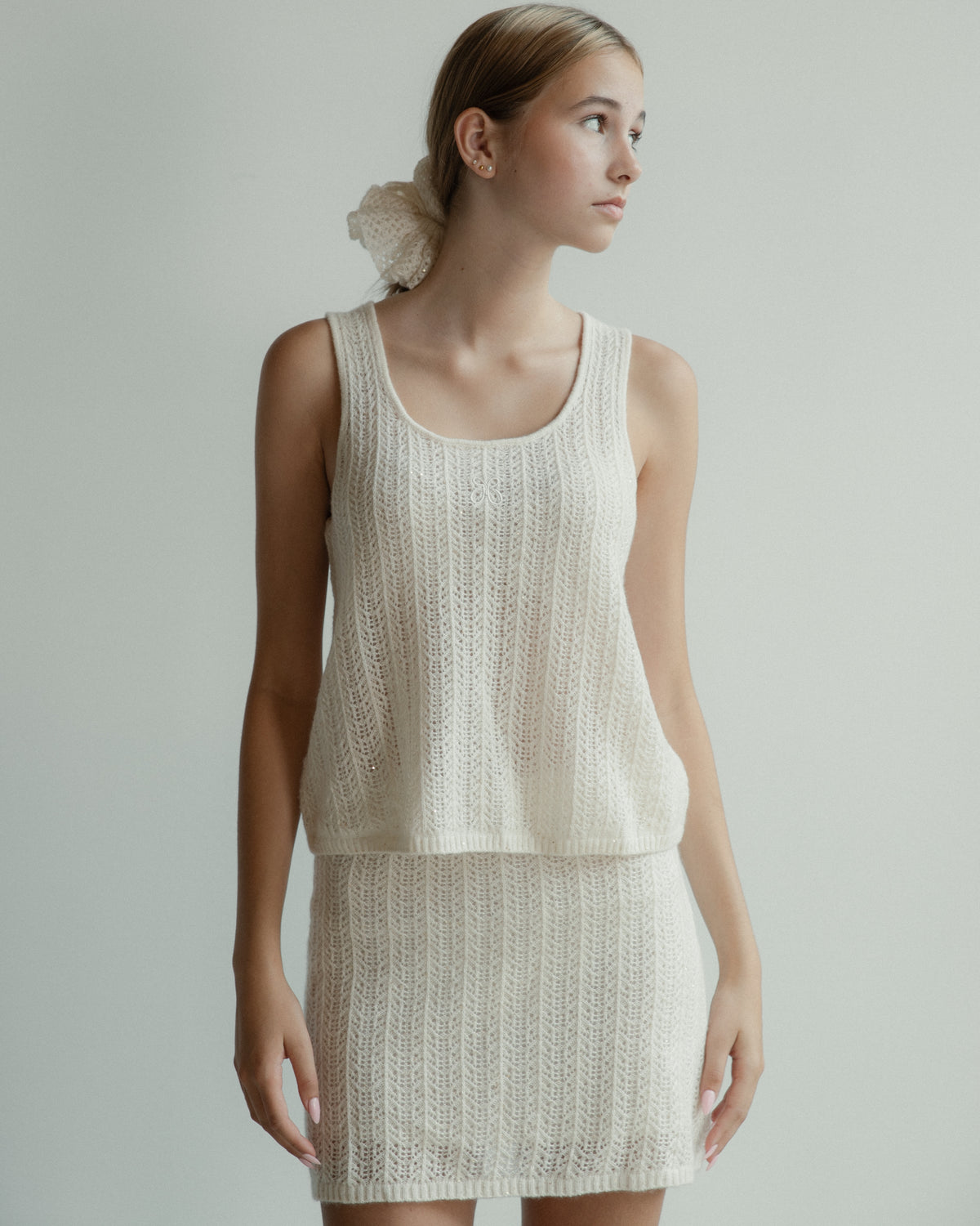 Cashmere Lace Knit Tank in Cream, Mysto Cashmere