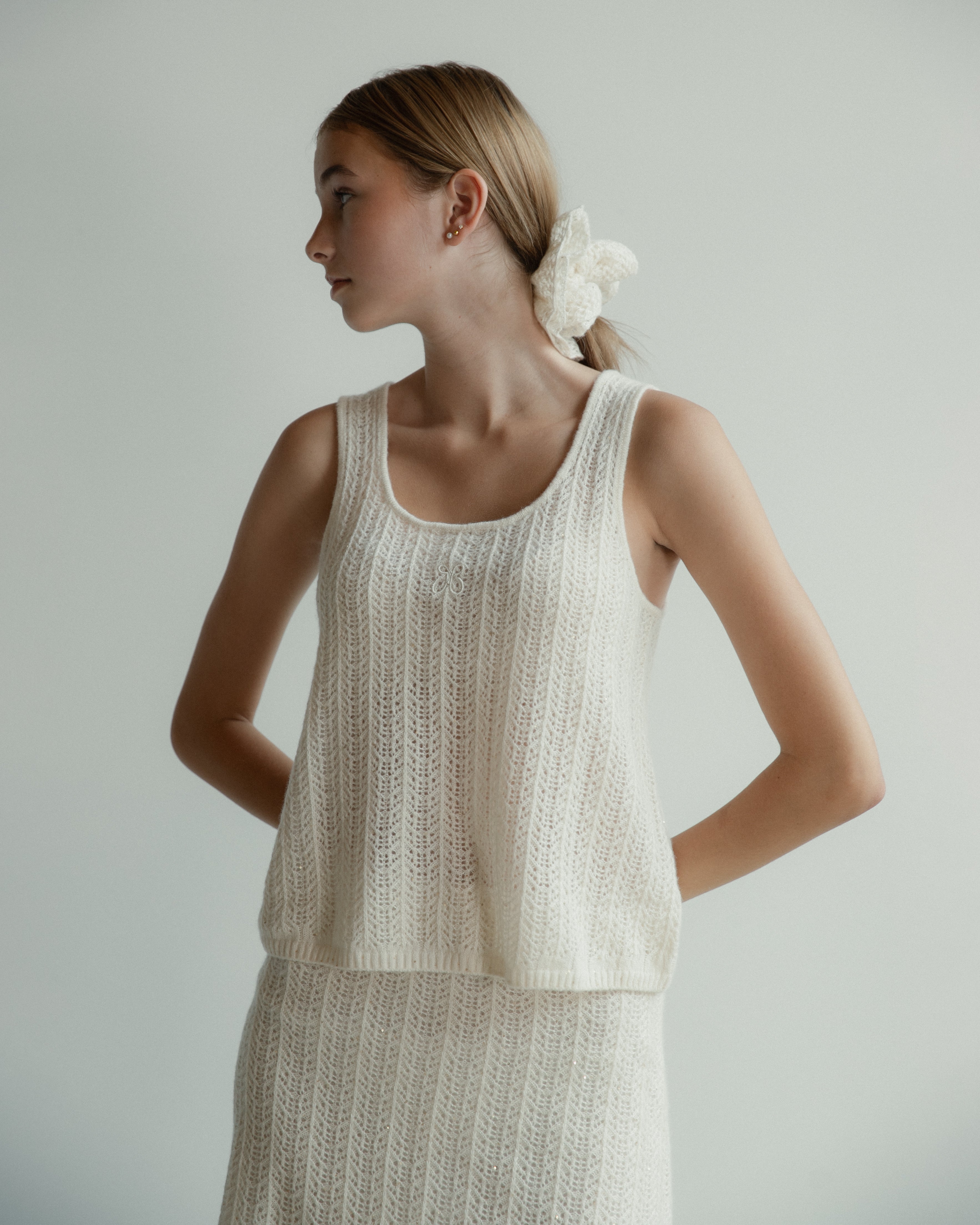 Cashmere Lace Knit Tank in Cream, Mysto Cashmere
