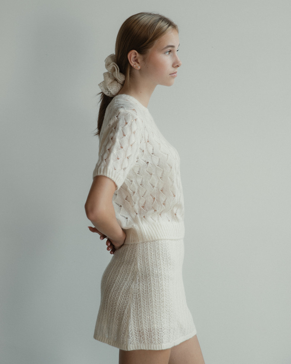 Cashmere Lace Knit Short Sleeves in Cream, Mysto Cashmere