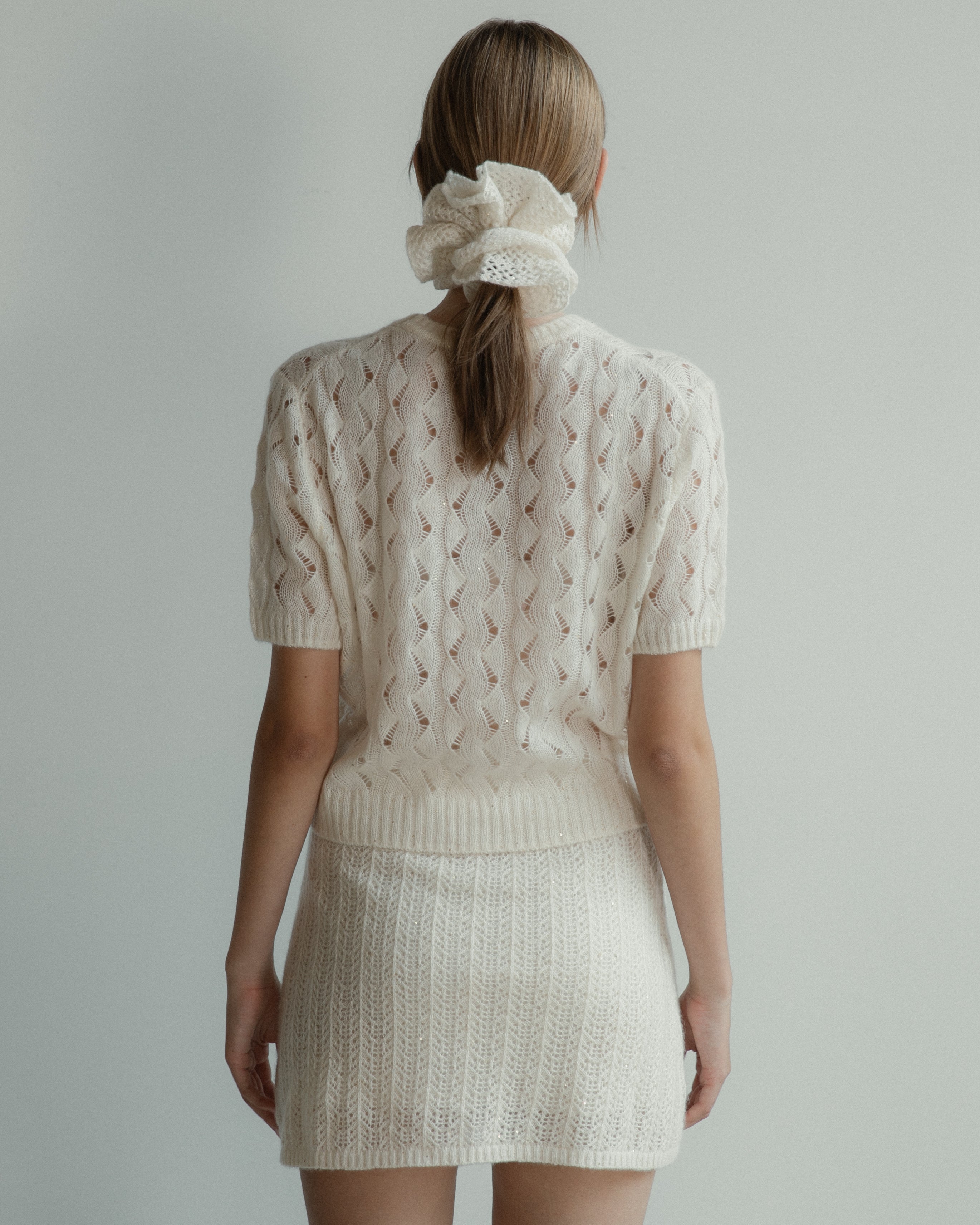 Cashmere Lace Knit Short Sleeves in Cream, Mysto Cashmere