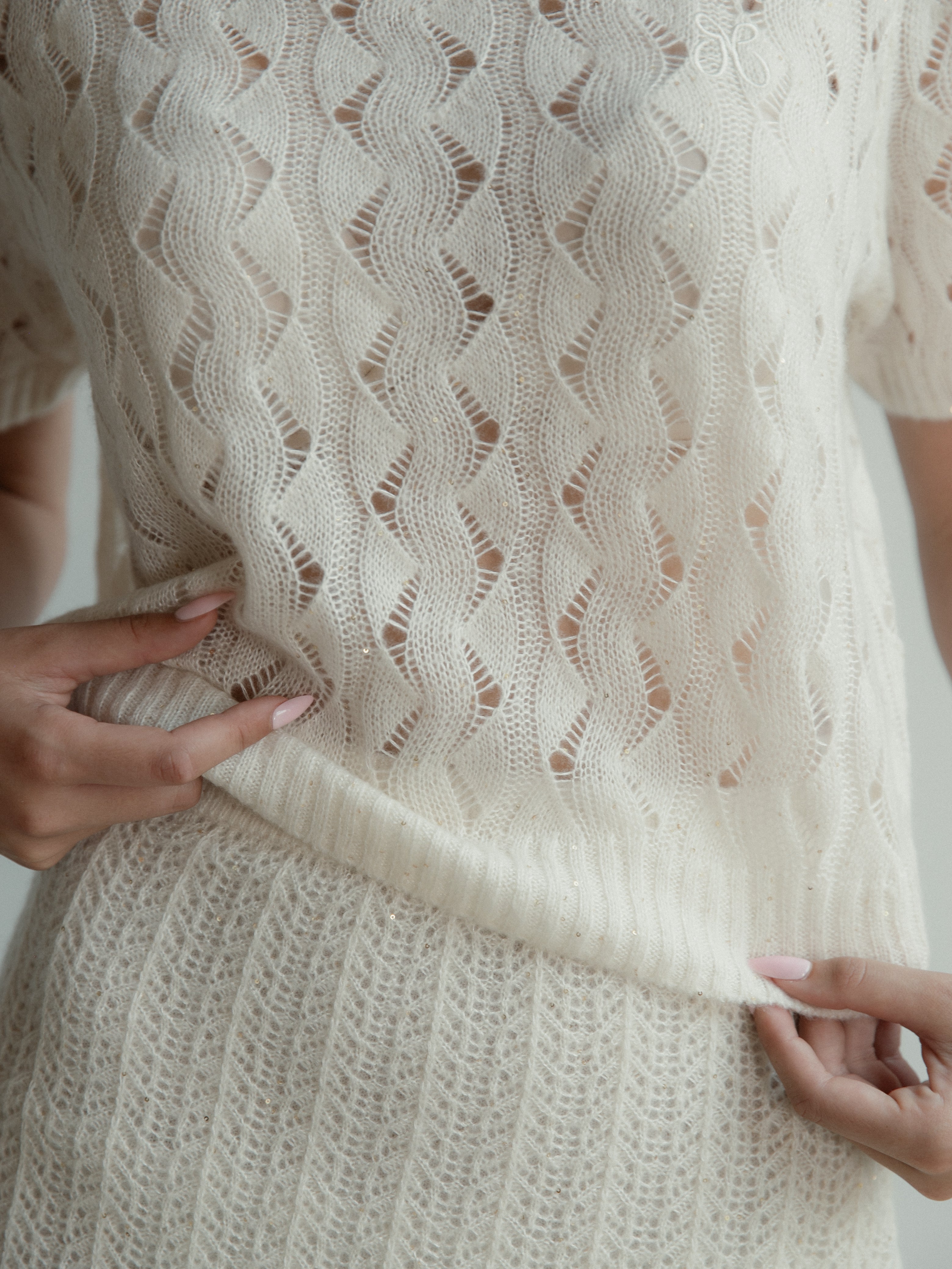 Cashmere Lace Knit Short Sleeves in Cream, Mysto Cashmere