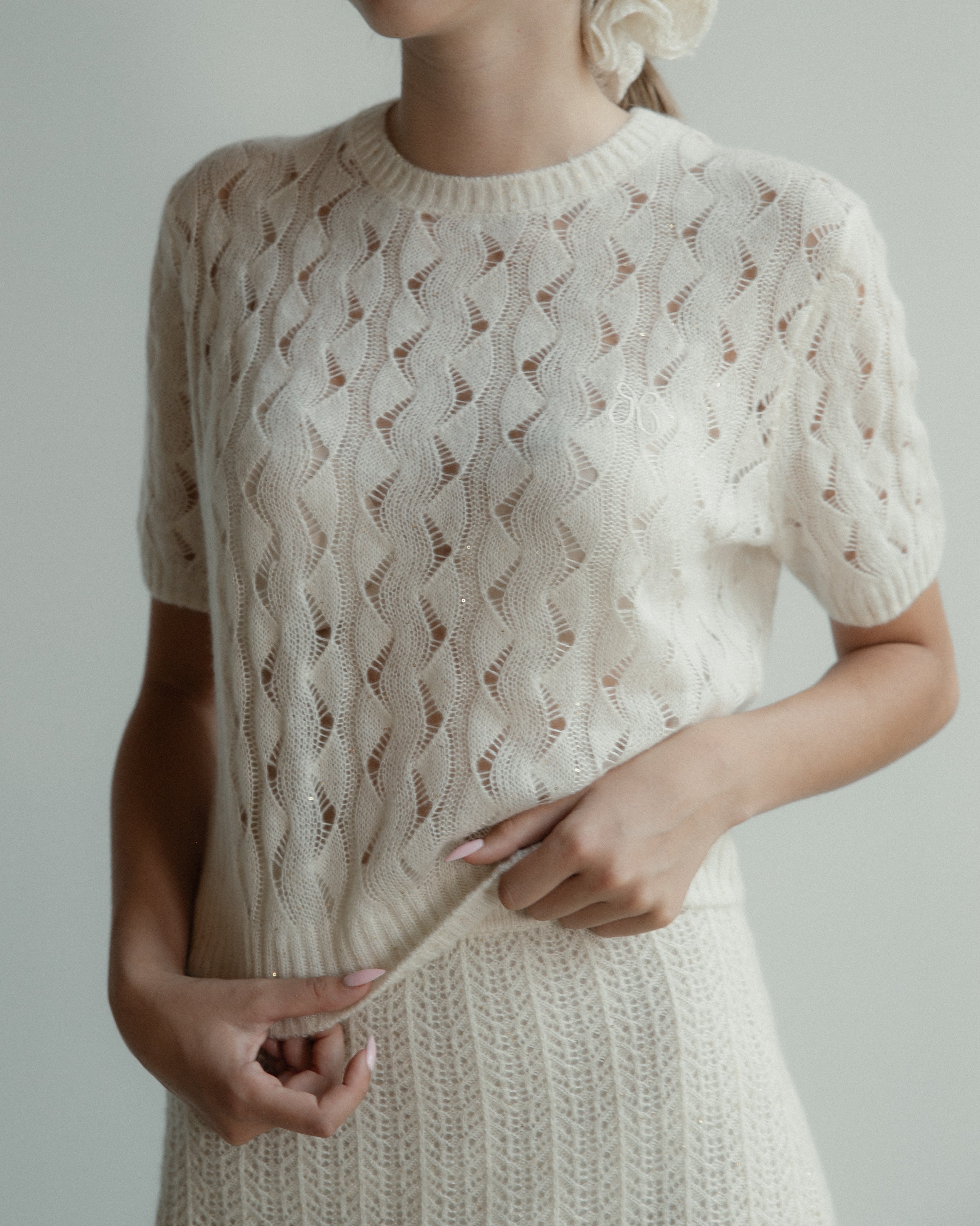 Cashmere Lace Knit Short Sleeves in Cream, Mysto Cashmere