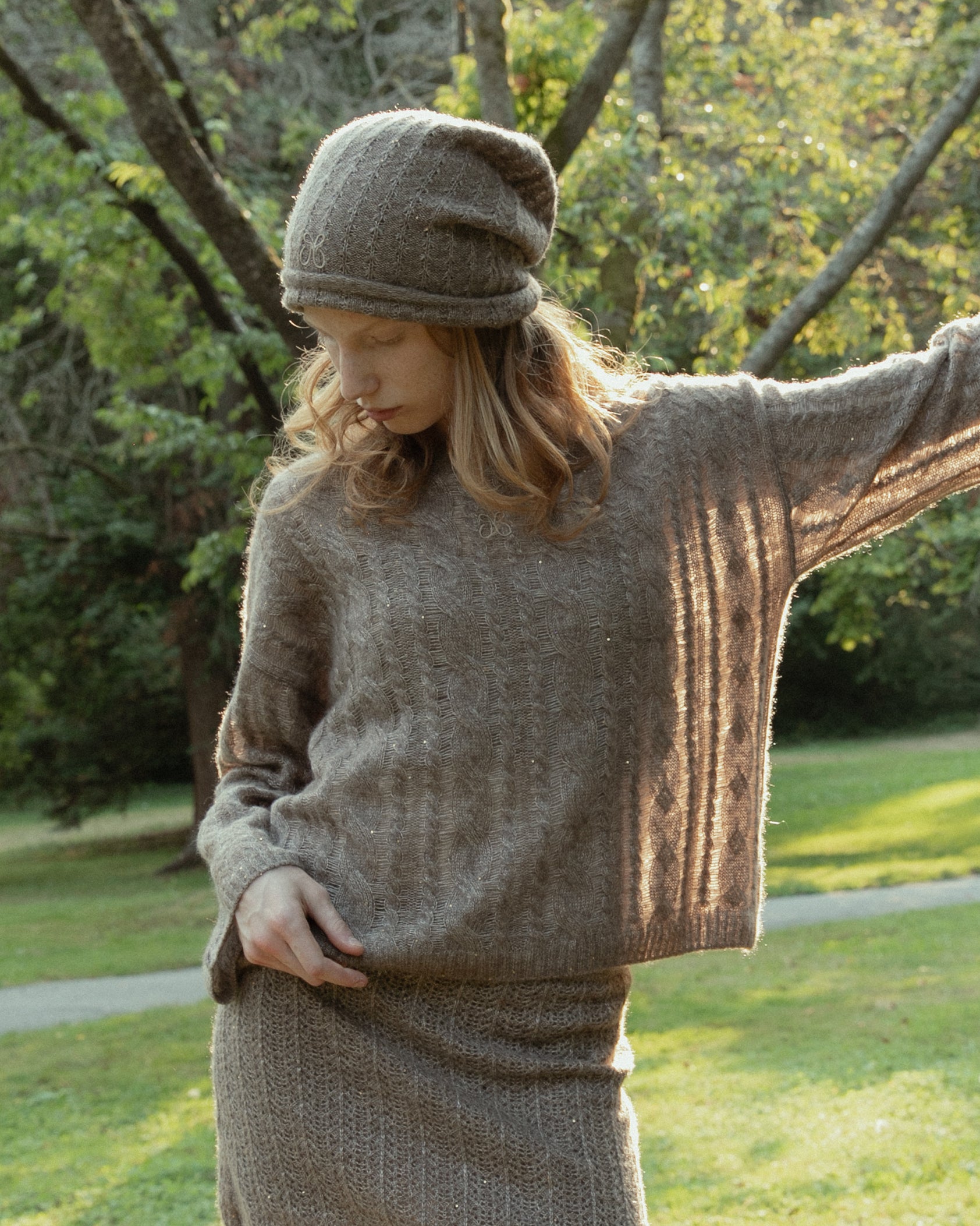 Cashmere Lace Knit Beanie in Mocha, Mysto Cashmere
