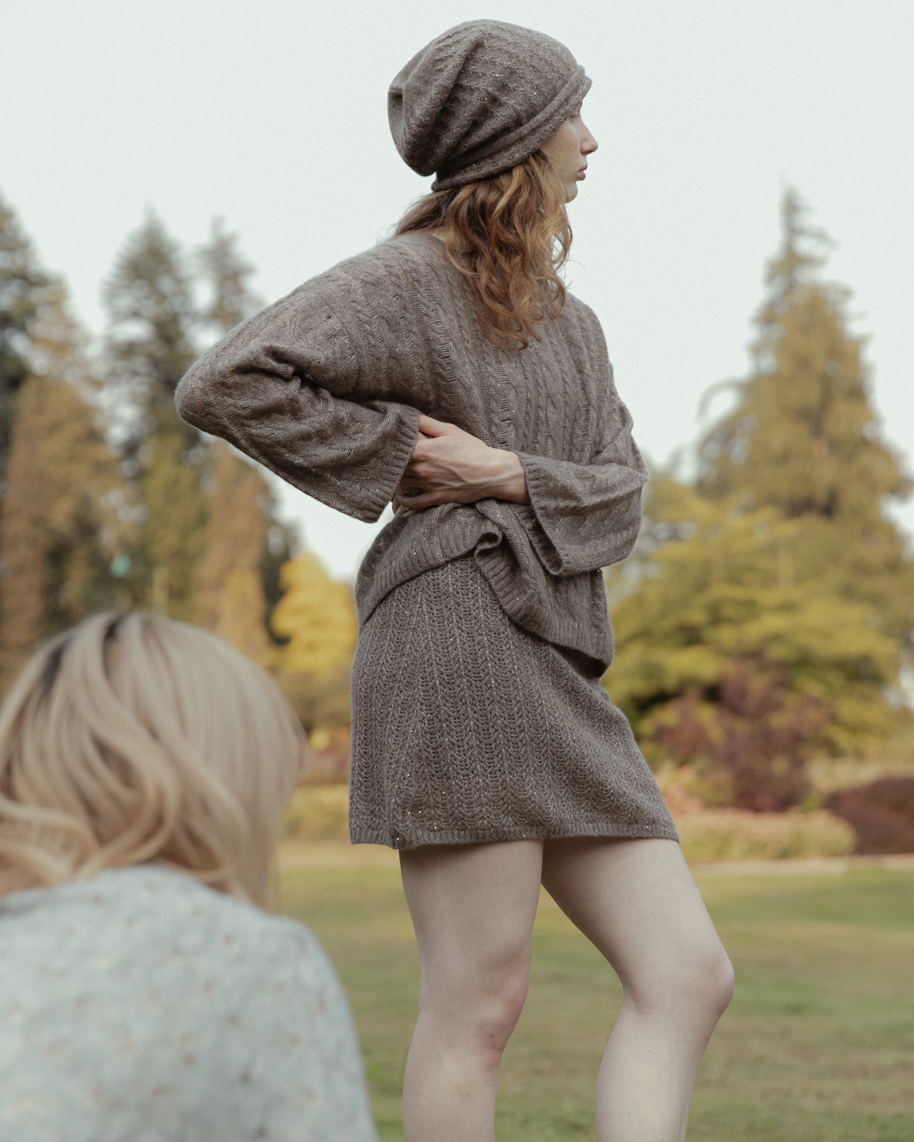Cashmere Lace Knit Sweater in Mocha, Mysto Cashmere