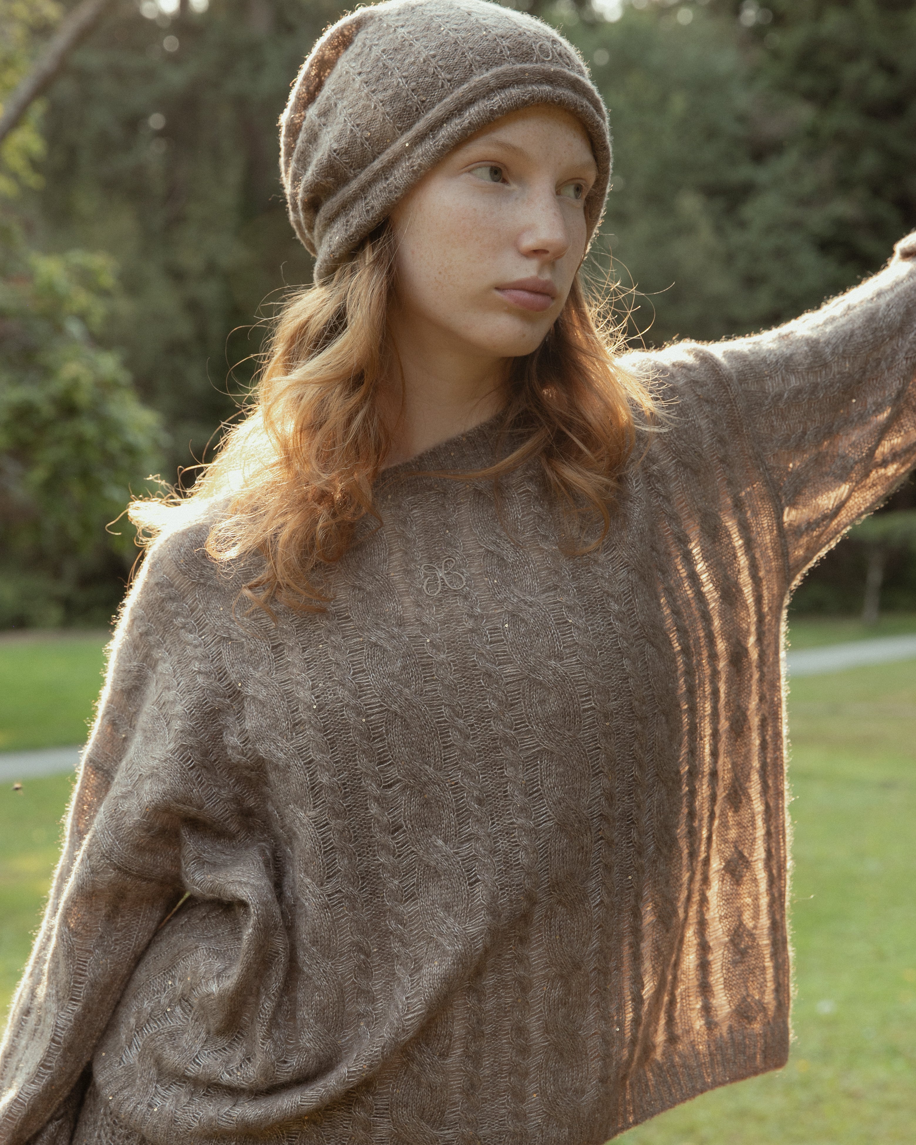 Cashmere Lace Knit Sweater in Mocha, Mysto Cashmere