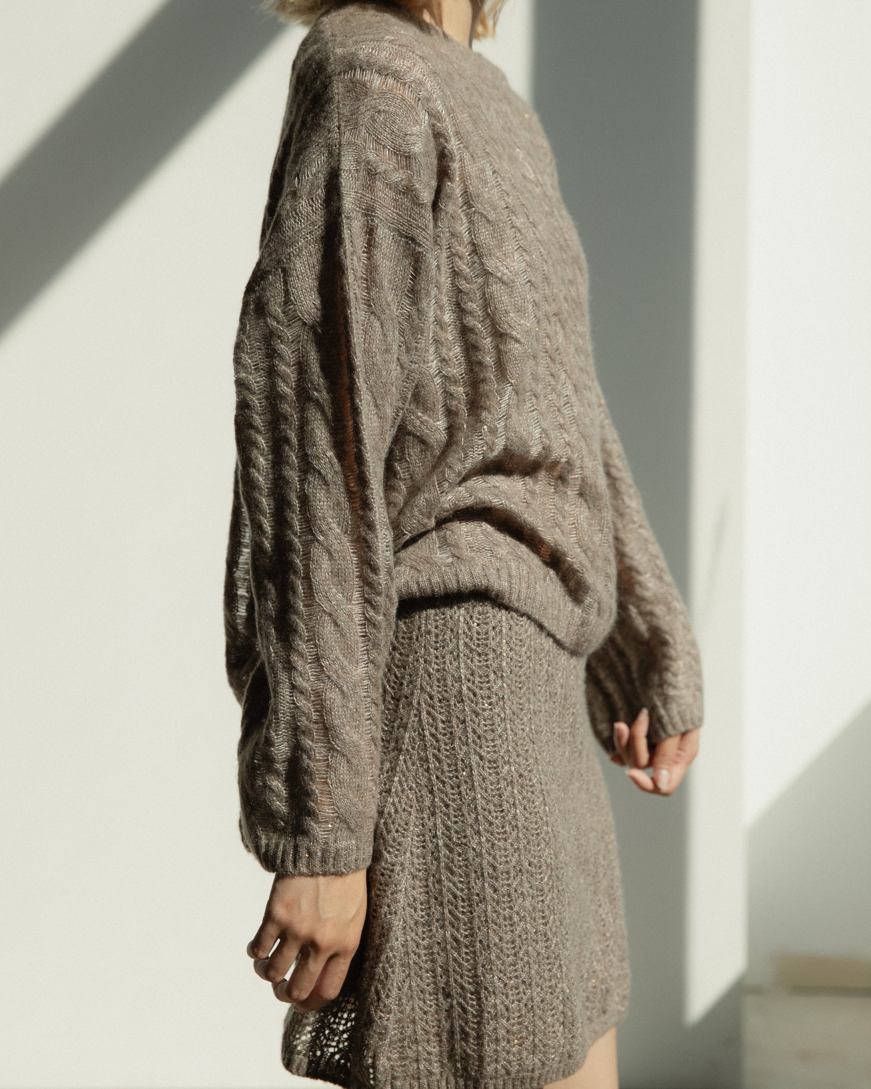 Cashmere Lace Knit Sweater in Mocha, Mysto Cashmere