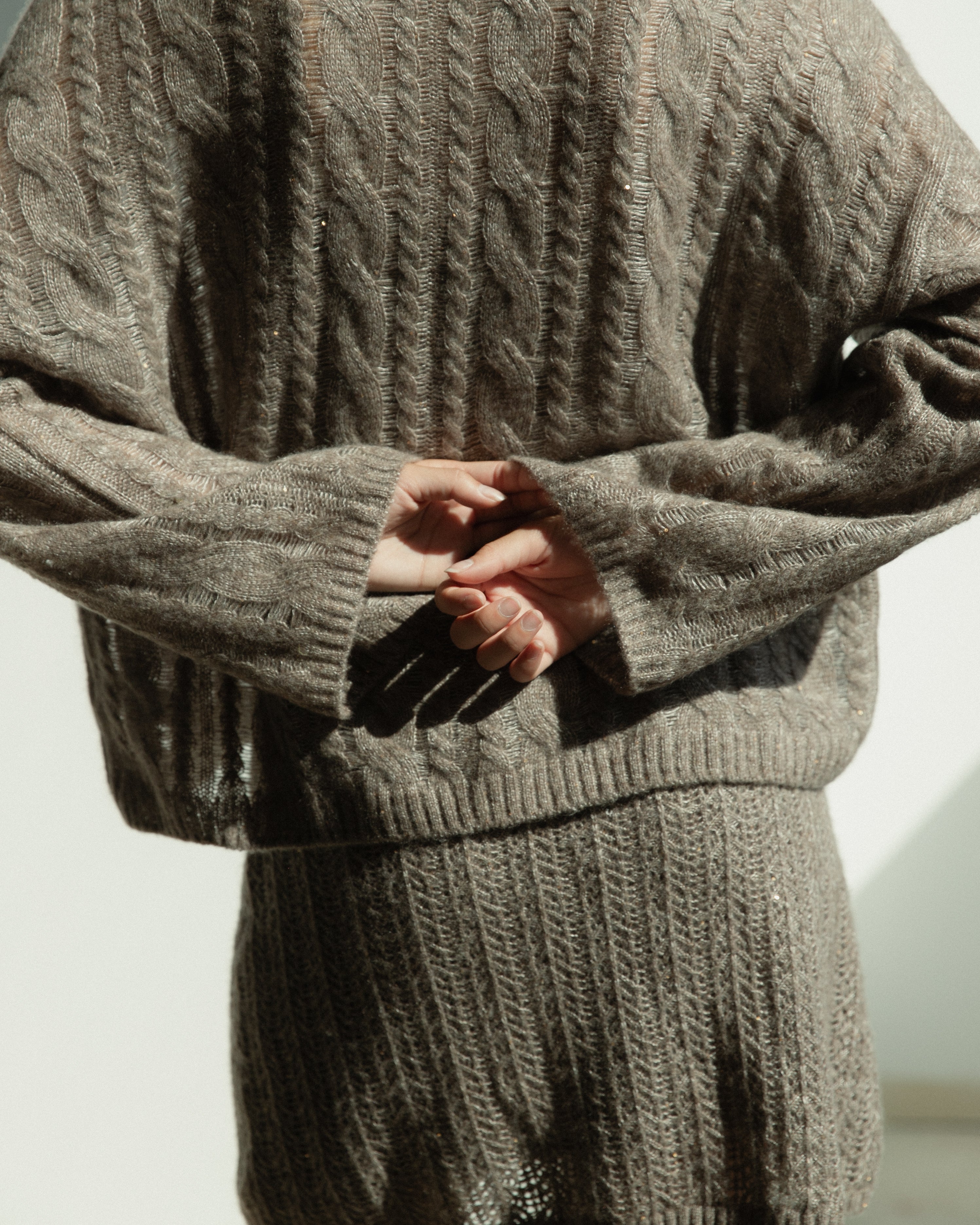 Cashmere Lace Knit Sweater in Mocha, Mysto Cashmere