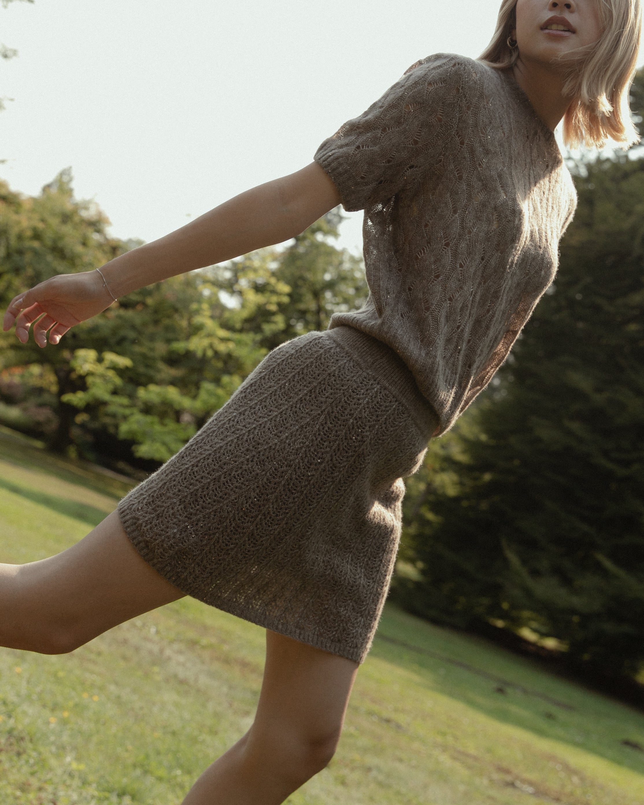 Cashmere Lace Knit Skirt in Mocha, Mysto Cashmere